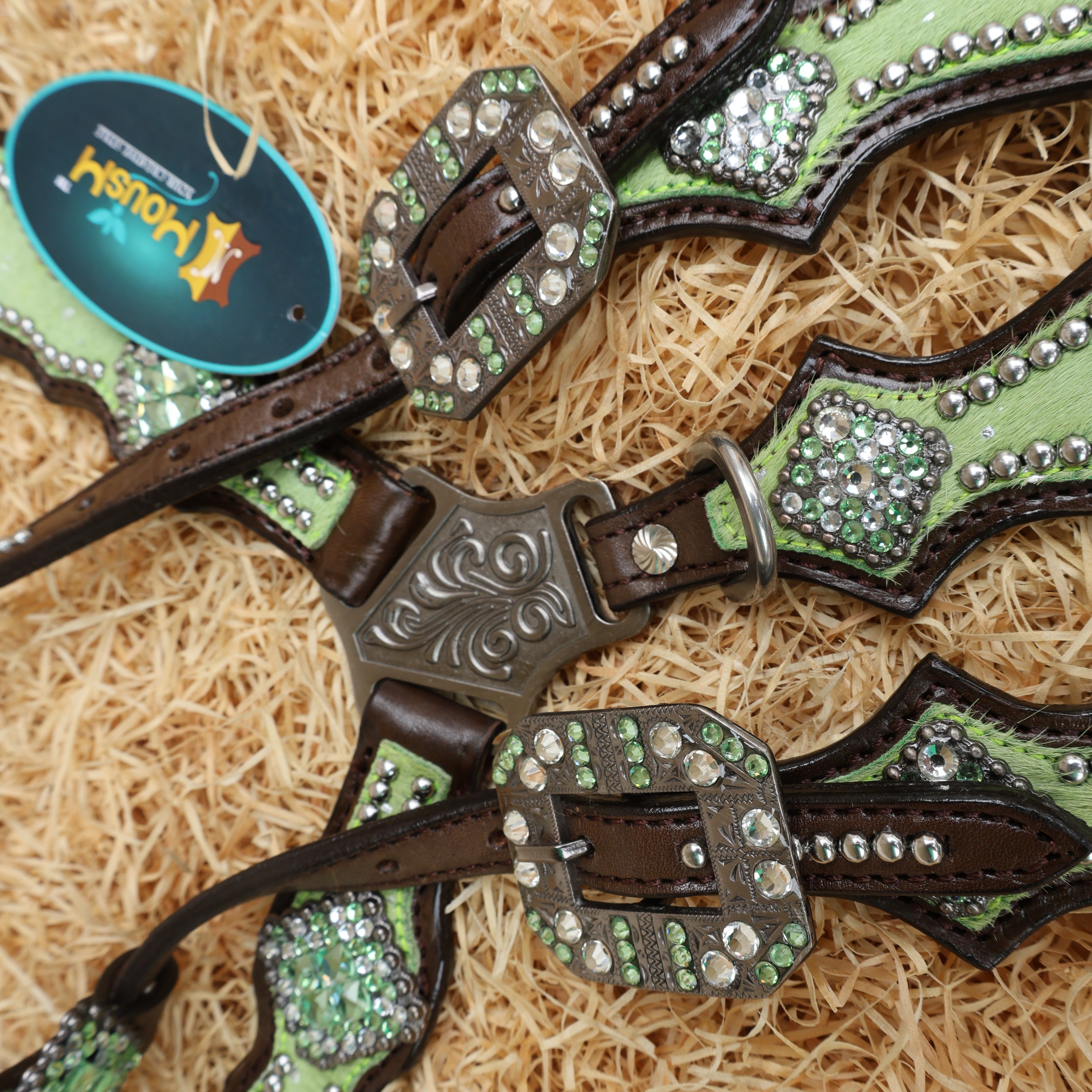 MOUSM Argentina Cow Leather Western Horse Tack Collection – Western Headstall & Breast Collar Set Decorated with Lime-Green Metallic Acid Wash Cowhide Finish