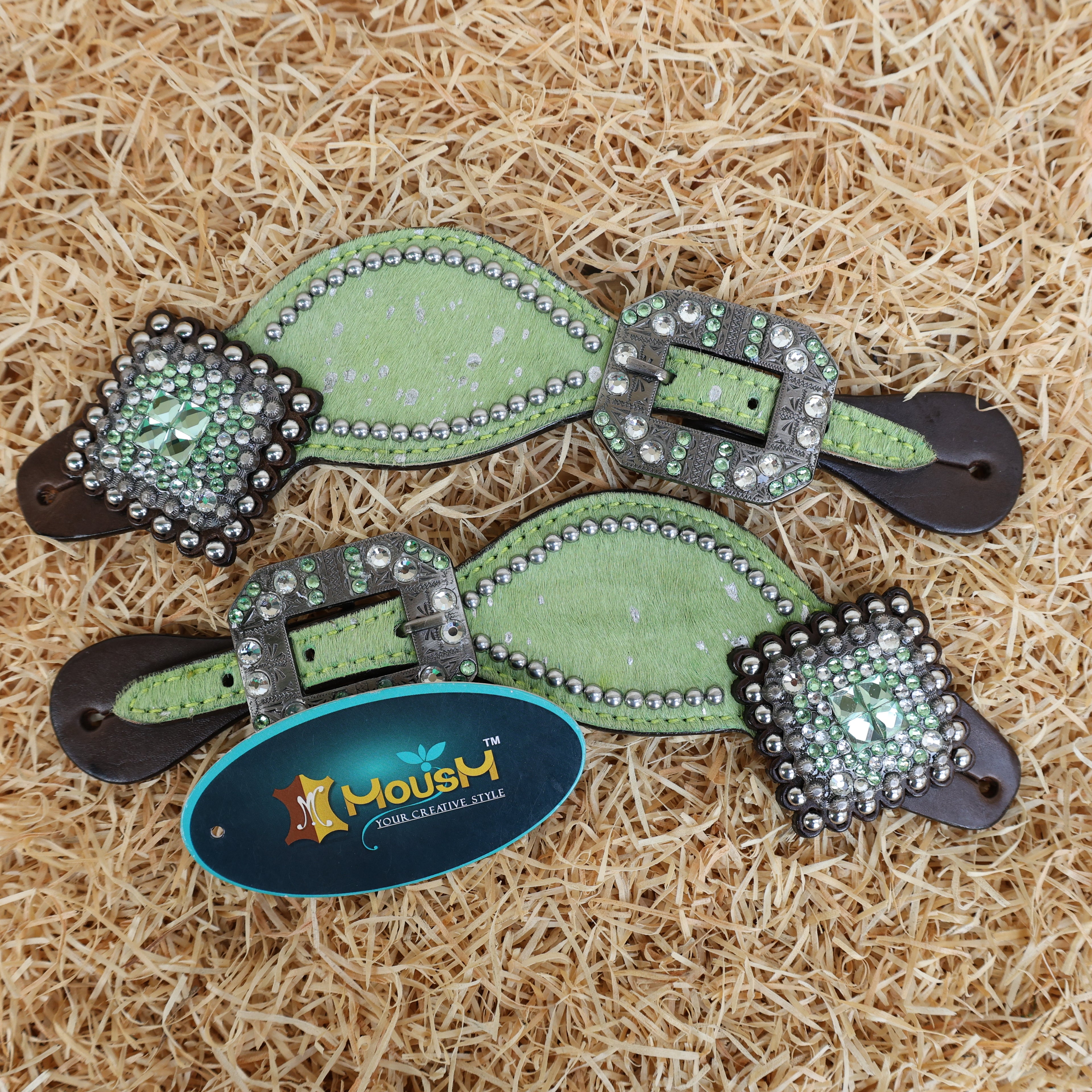 MOUSM Argentina Cow Leather Western Horse Tack Collection – Western Headstall & Breast Collar Set Decorated with Lime-Green Metallic Acid Wash Cowhide Finish