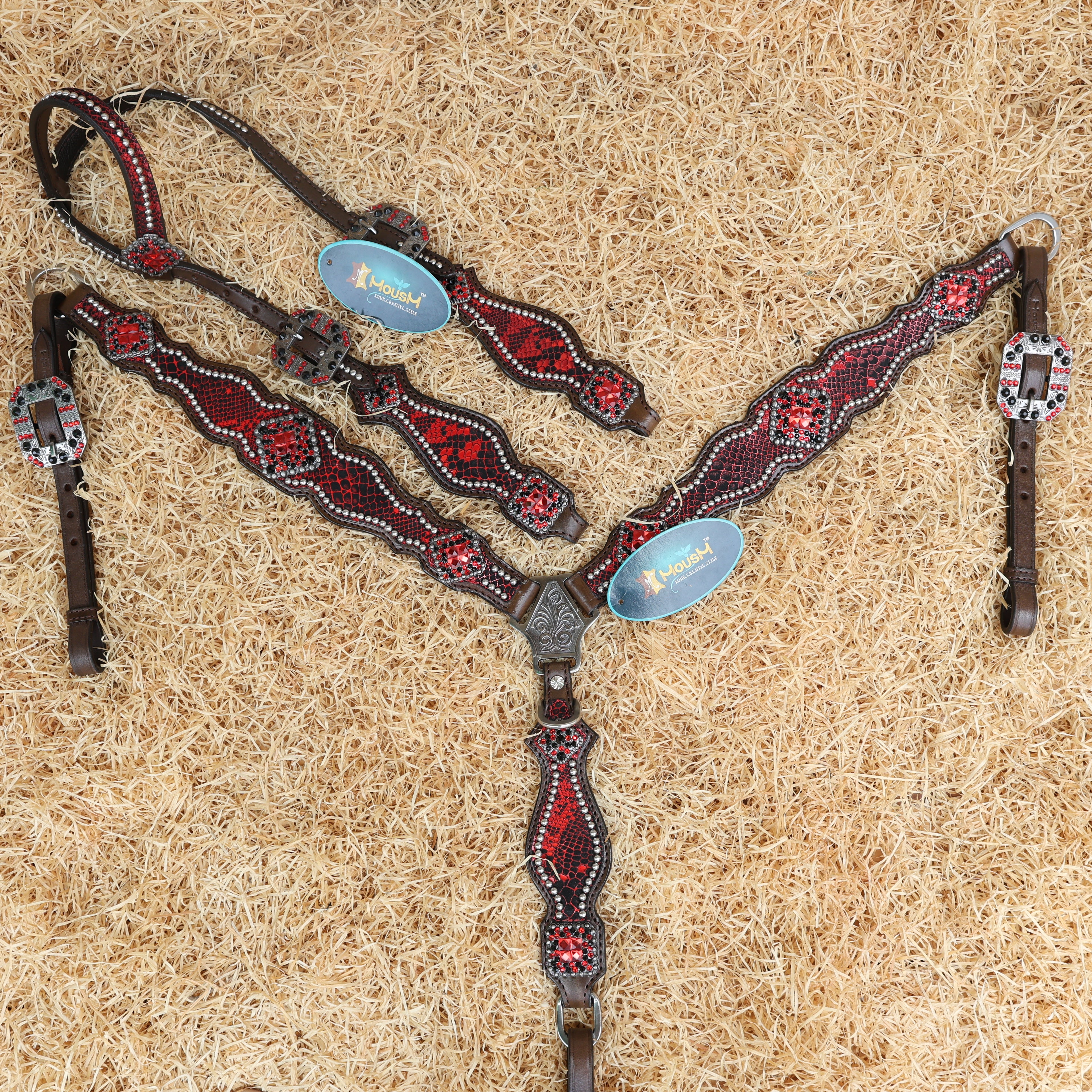 MOUSM Breast Collar and Headstall Set – Western Headstall Tack Argentina Cow Leather with Red & Black Rhinestone Detailing on Metallic Red Snake Texture