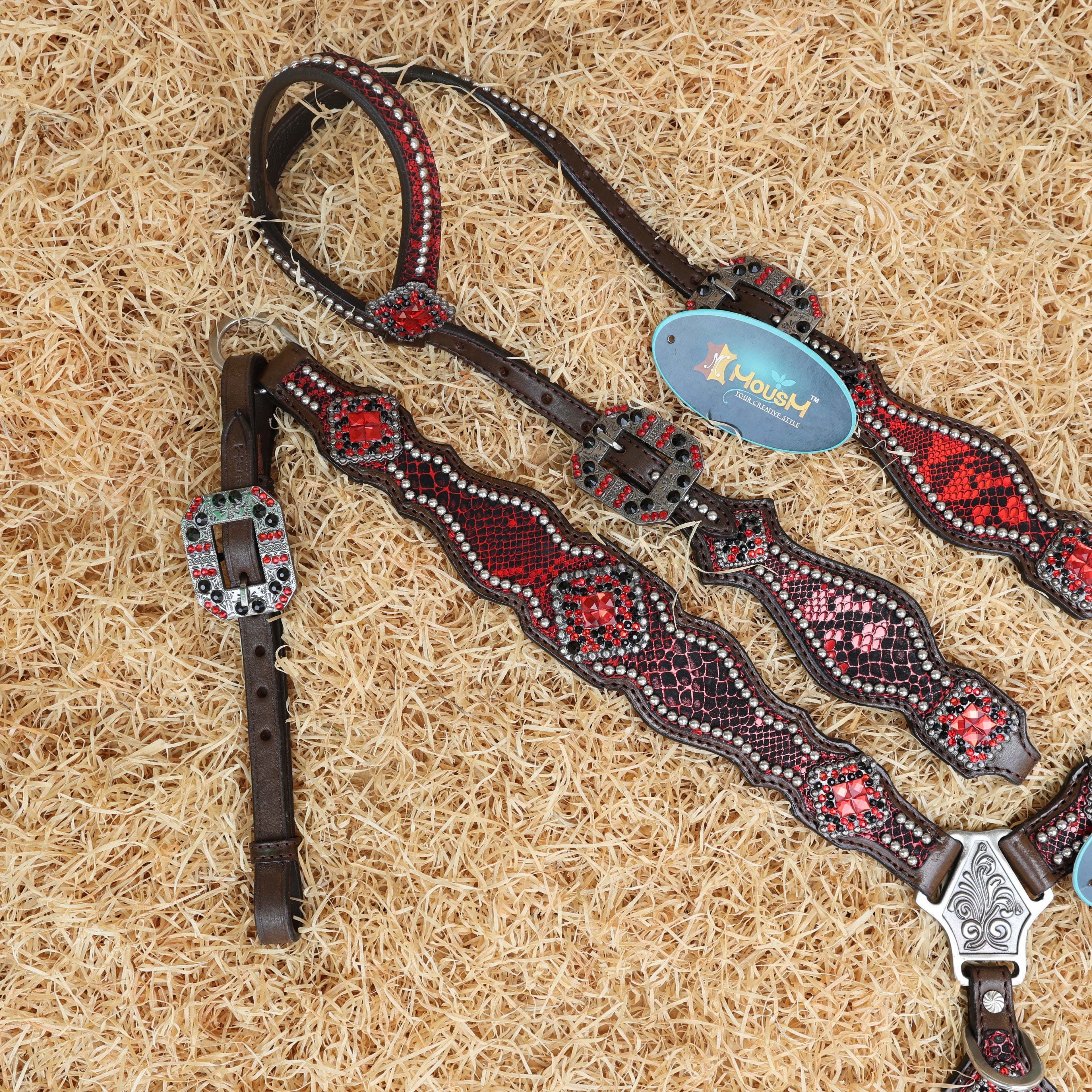MOUSM Breast Collar and Headstall Set – Western Headstall Tack Argentina Cow Leather with Red & Black Rhinestone Detailing on Metallic Red Snake Texture
