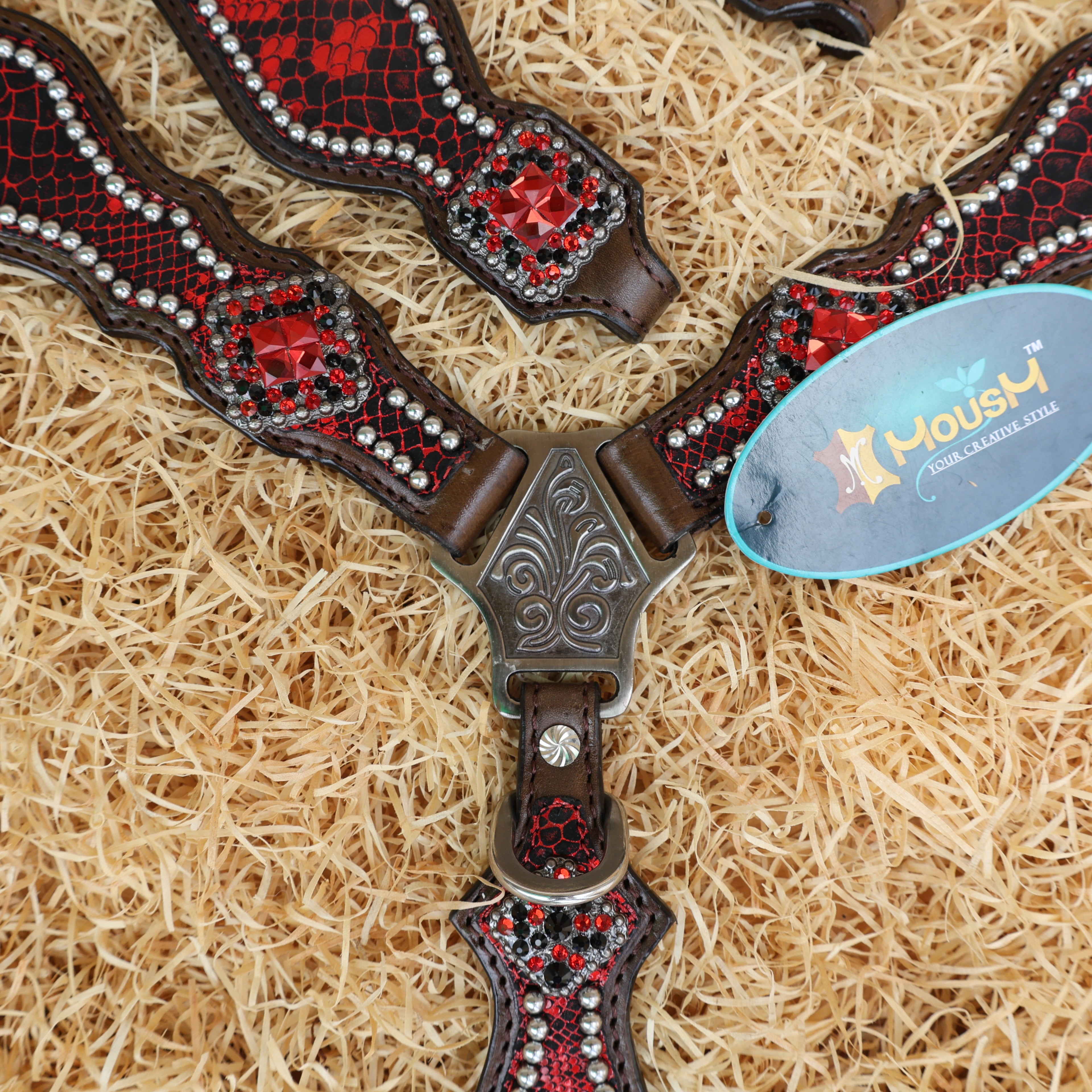 MOUSM Breast Collar and Headstall Set – Western Headstall Tack Argentina Cow Leather with Red & Black Rhinestone Detailing on Metallic Red Snake Texture