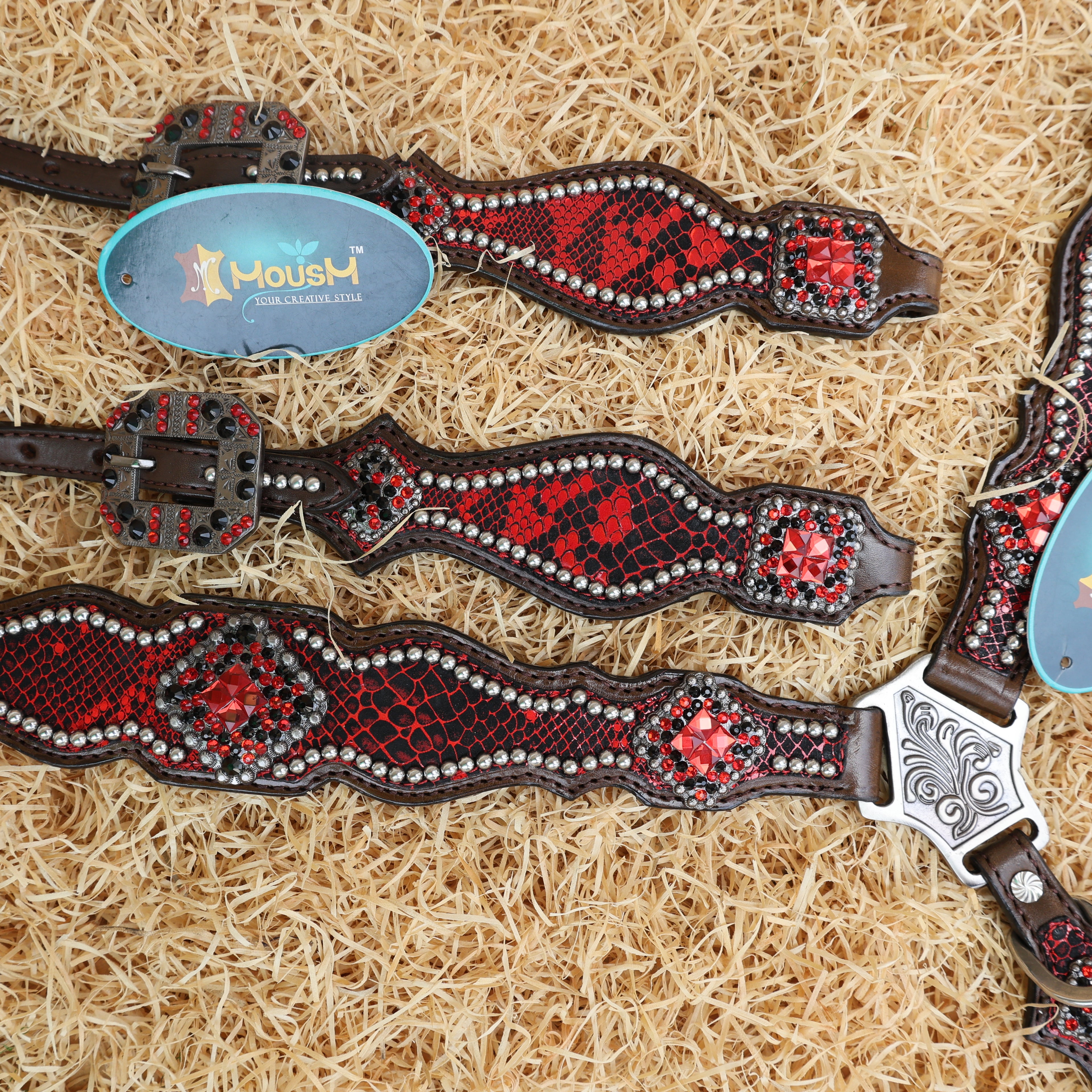 MOUSM Breast Collar and Headstall Set – Western Headstall Tack Argentina Cow Leather with Red & Black Rhinestone Detailing on Metallic Red Snake Texture