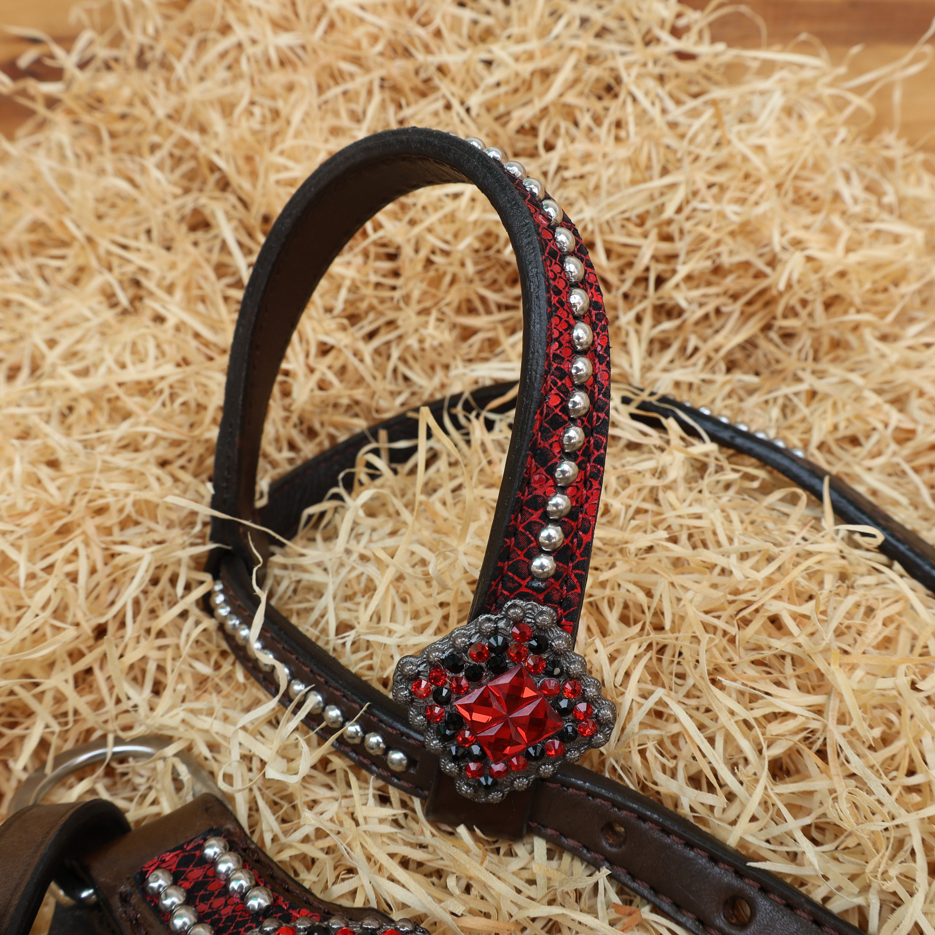 MOUSM Breast Collar and Headstall Set – Western Headstall Tack Argentina Cow Leather with Red & Black Rhinestone Detailing on Metallic Red Snake Texture