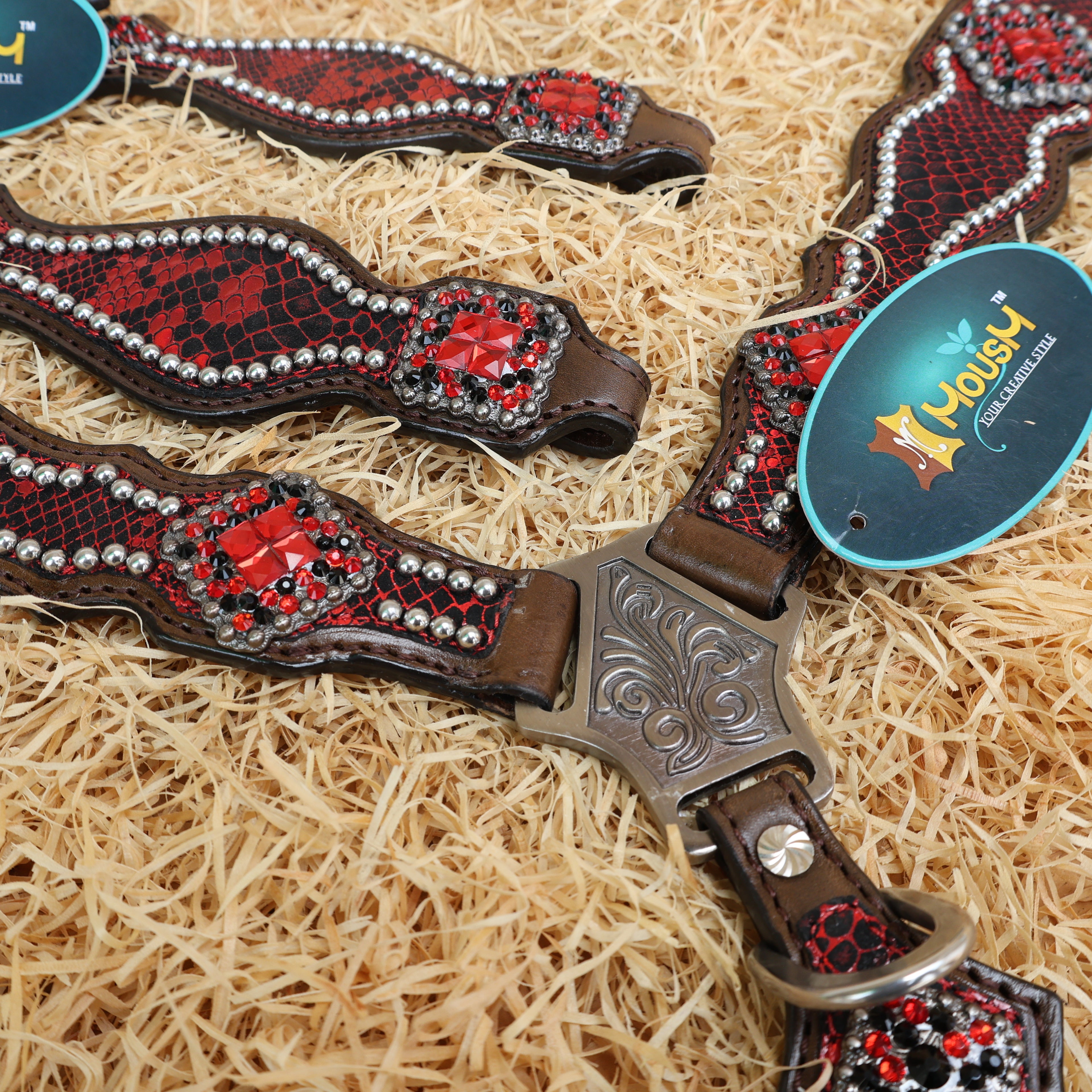MOUSM Breast Collar and Headstall Set – Western Headstall Tack Argentina Cow Leather with Red & Black Rhinestone Detailing on Metallic Red Snake Texture