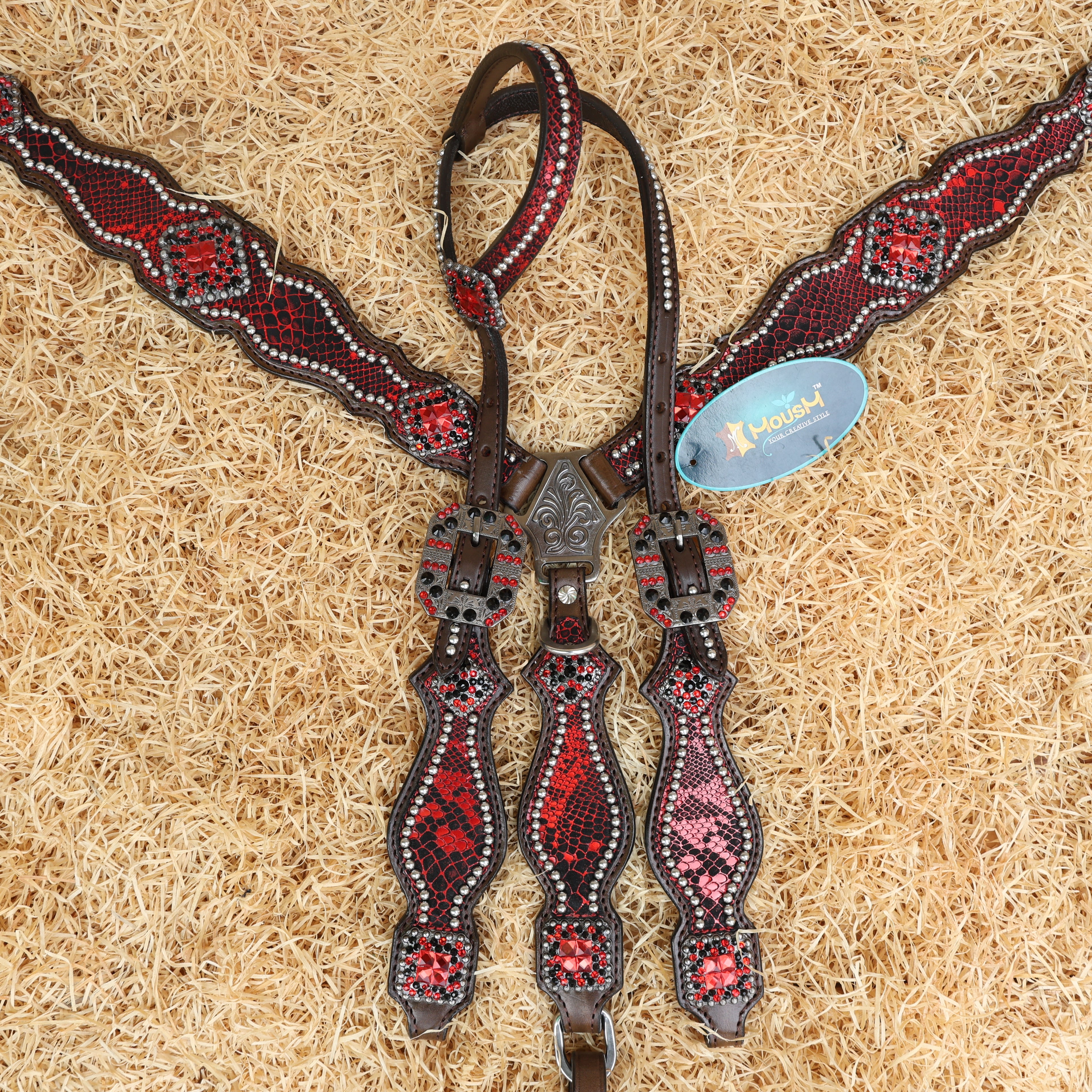 MOUSM Breast Collar and Headstall Set – Western Headstall Tack Argentina Cow Leather with Red & Black Rhinestone Detailing on Metallic Red Snake Texture