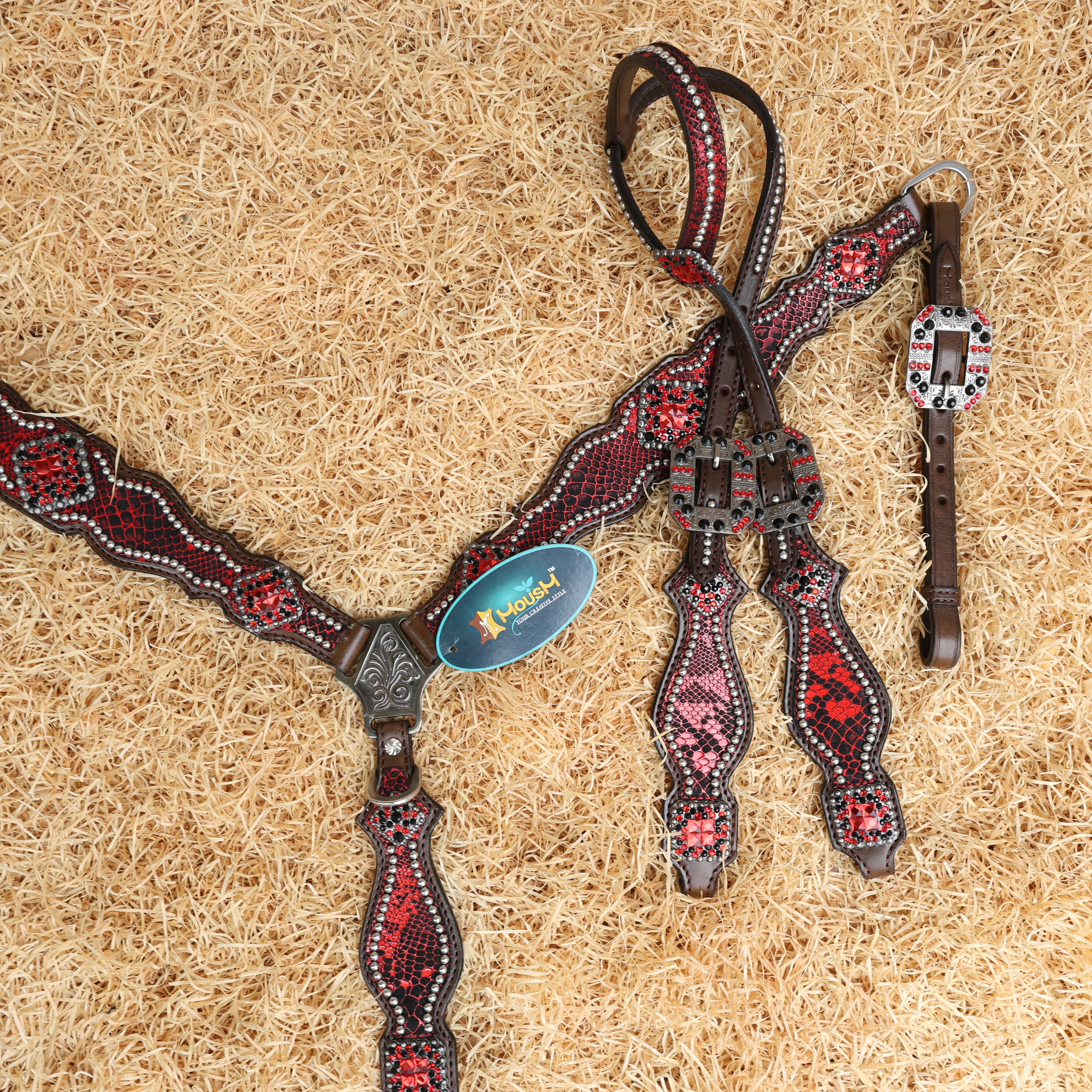 MOUSM Breast Collar and Headstall Set – Western Headstall Tack Argentina Cow Leather with Red & Black Rhinestone Detailing on Metallic Red Snake Texture