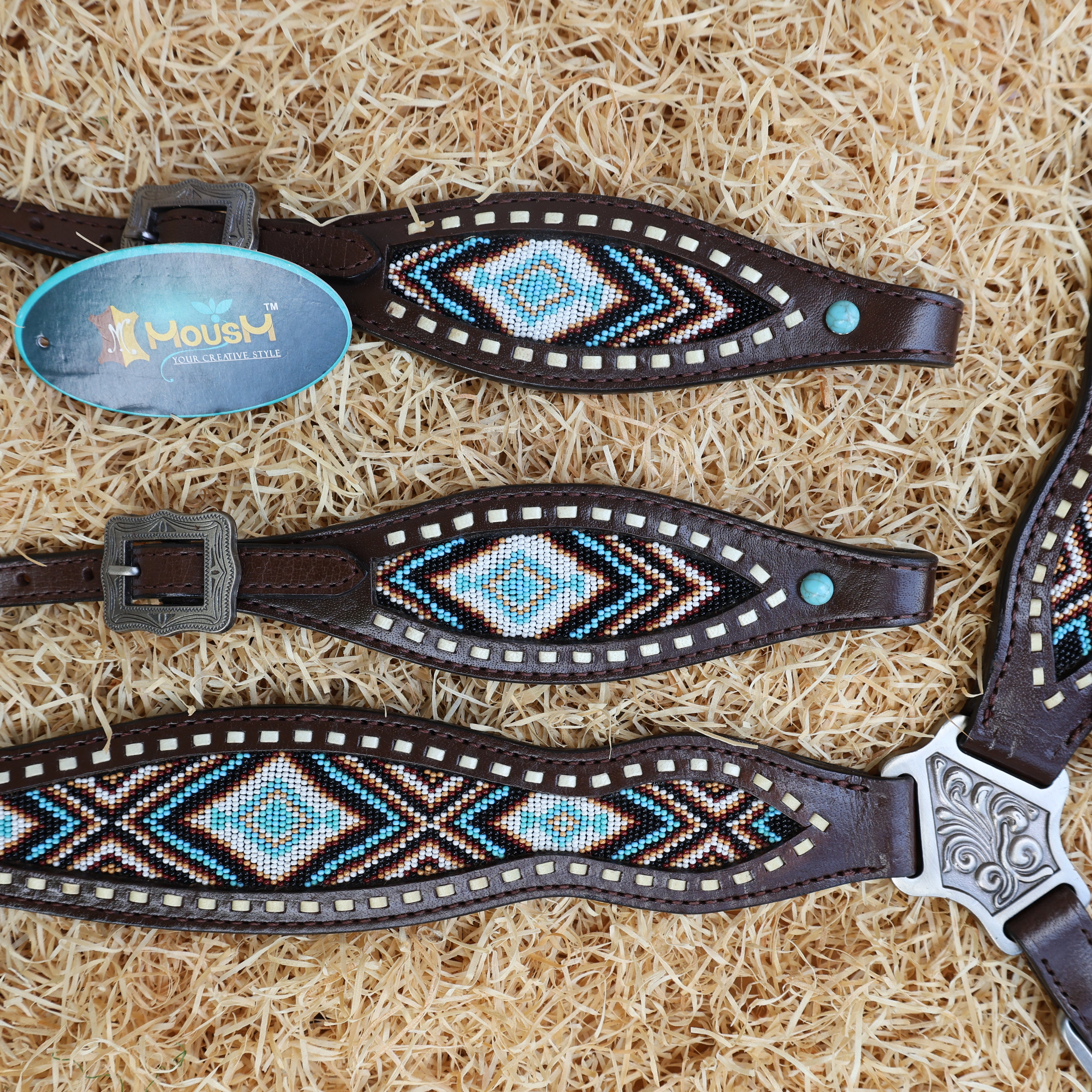 MOUSM Western Headstall & Breast Collar Set – Genuine Argentina Cow Leather with Geometric Turquoise & Brown Hand-Beaded Inlay