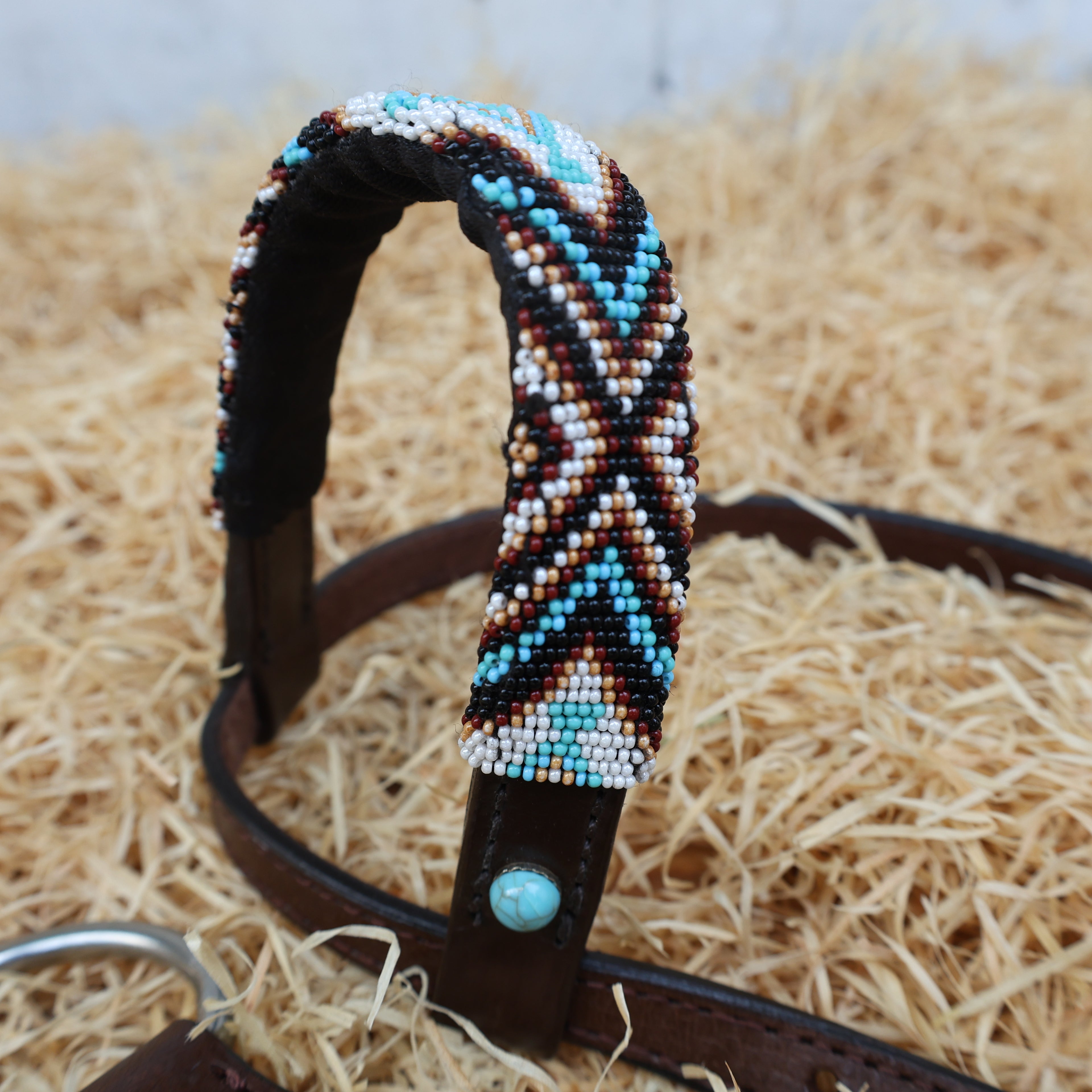 MOUSM Western Headstall & Breast Collar Set – Genuine Argentina Cow Leather with Geometric Turquoise & Brown Hand-Beaded Inlay
