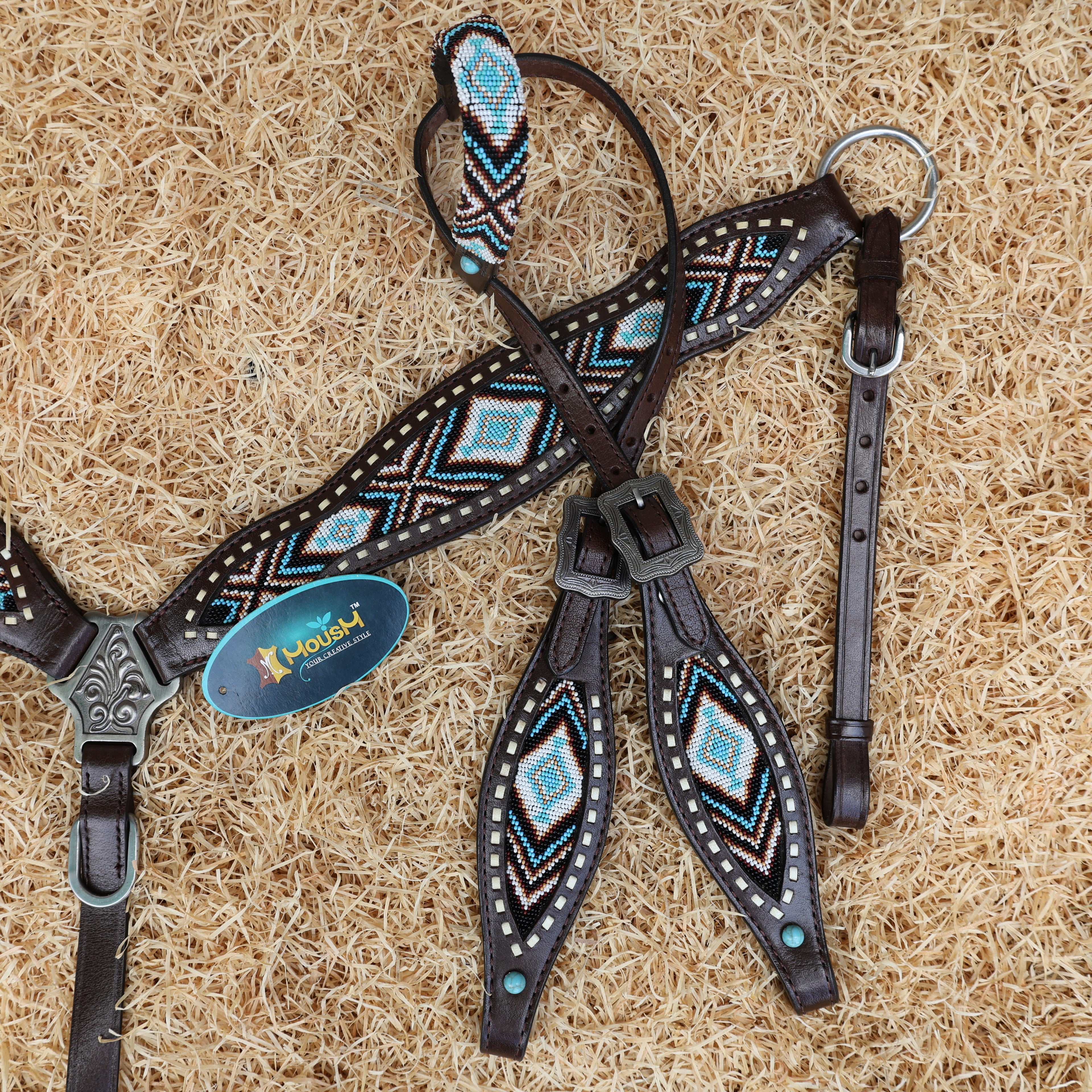 MOUSM Western Headstall & Breast Collar Set – Genuine Argentina Cow Leather with Geometric Turquoise & Brown Hand-Beaded Inlay