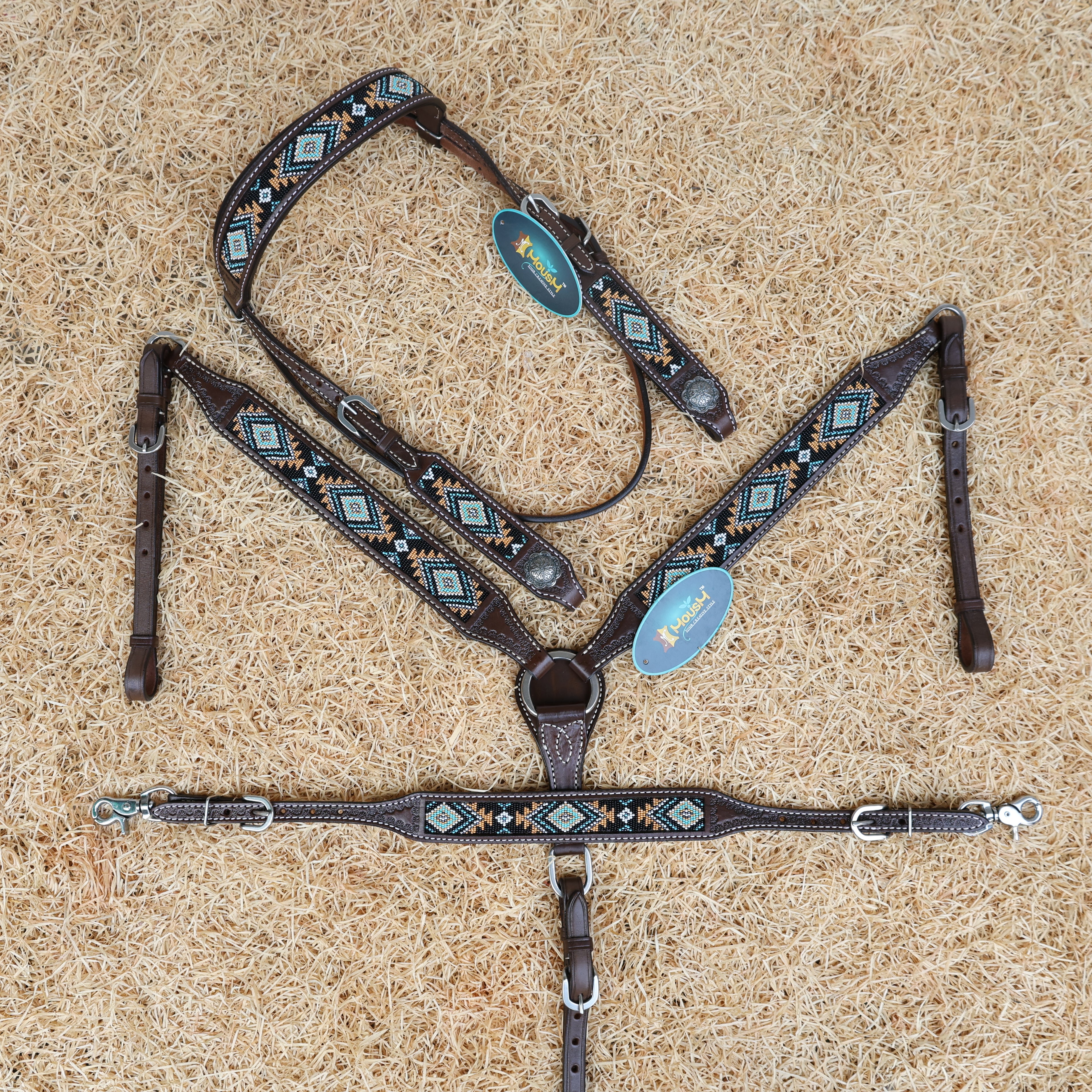 MOUSM Western Browband Headstall & Breast Collar Set – Argentina Cow Leather with Hand-Beaded Inlay & Antique Silver Conchos
