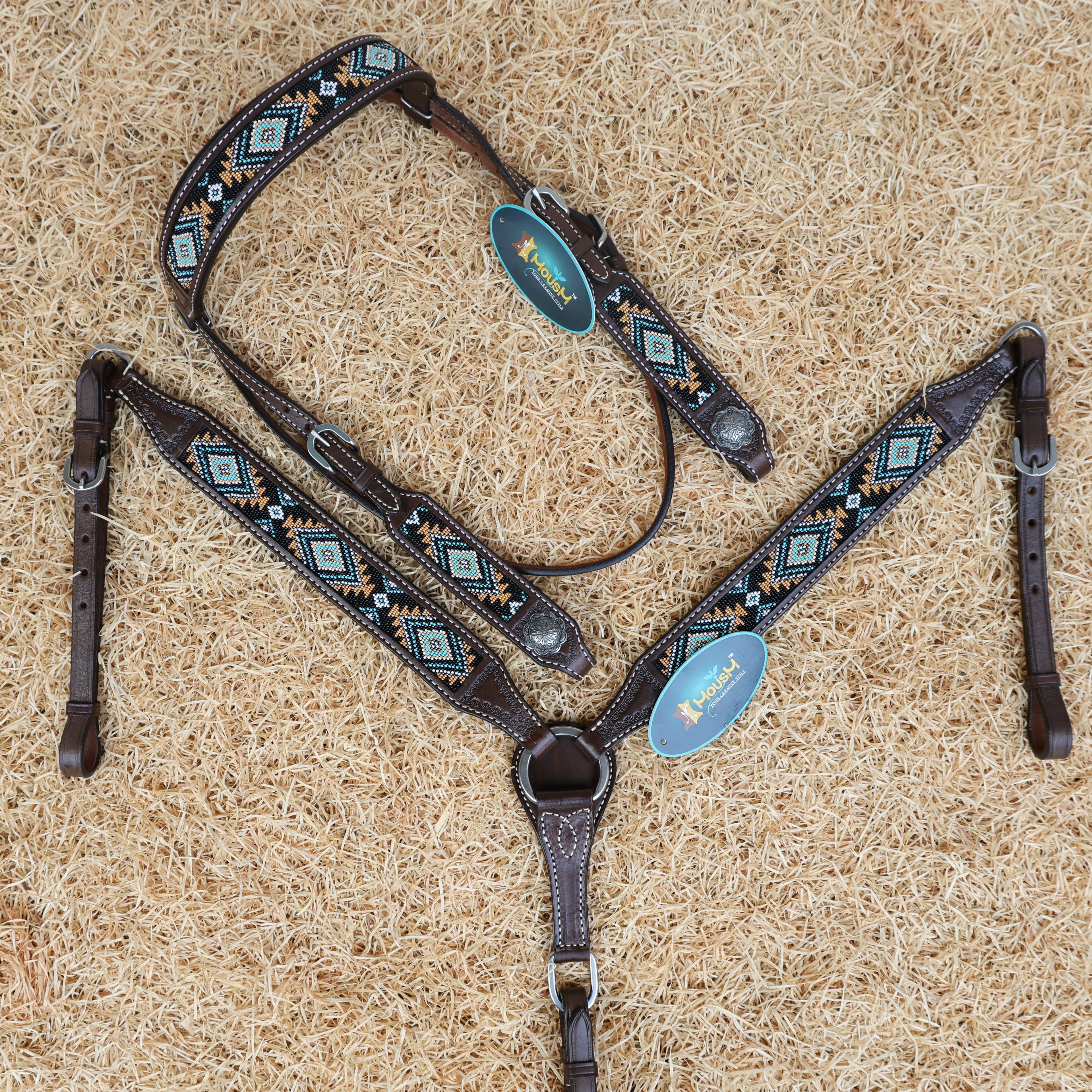 MOUSM Western Browband Headstall & Breast Collar Set – Argentina Cow Leather with Hand-Beaded Inlay & Antique Silver Conchos