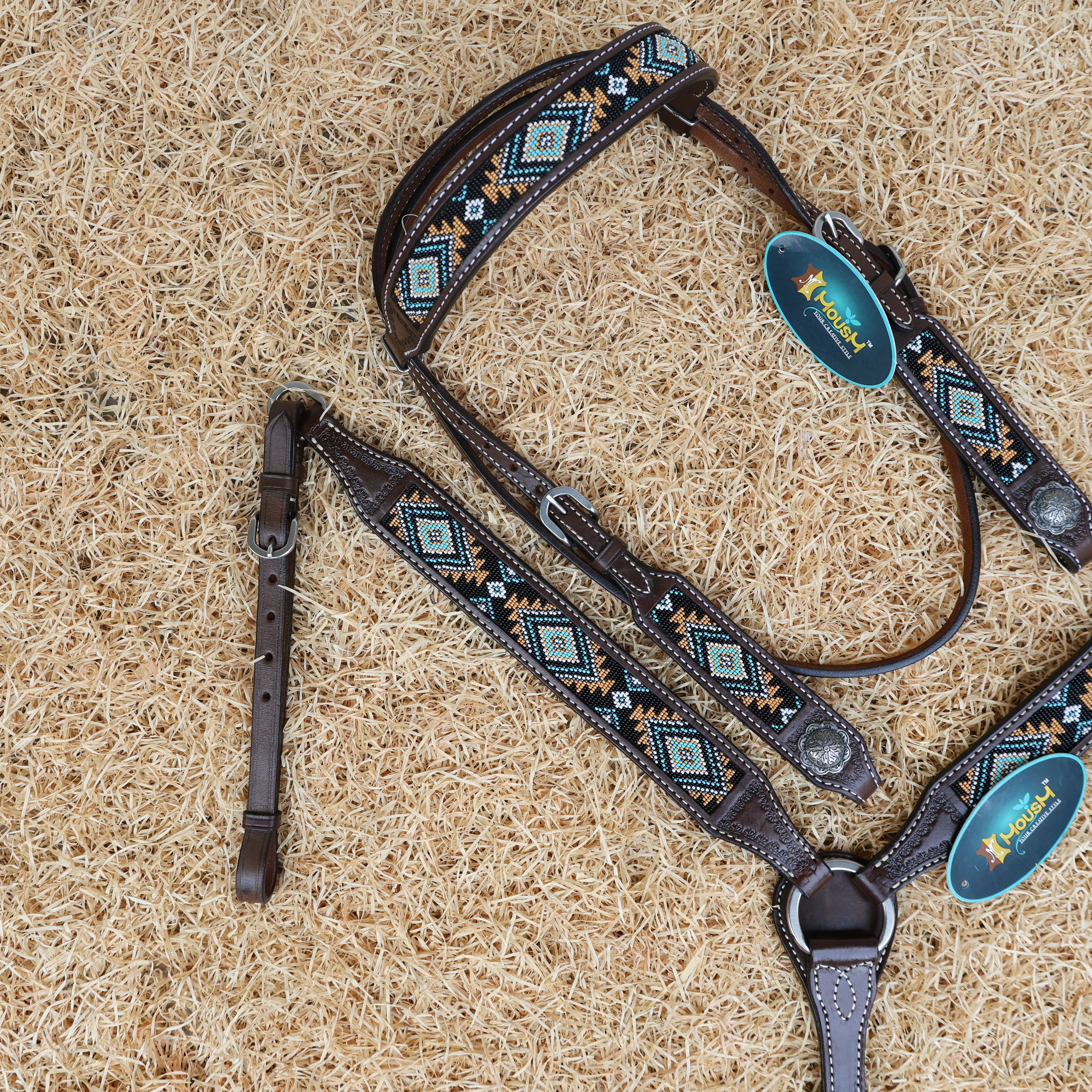 MOUSM Western Browband Headstall & Breast Collar Set – Argentina Cow Leather with Hand-Beaded Inlay & Antique Silver Conchos