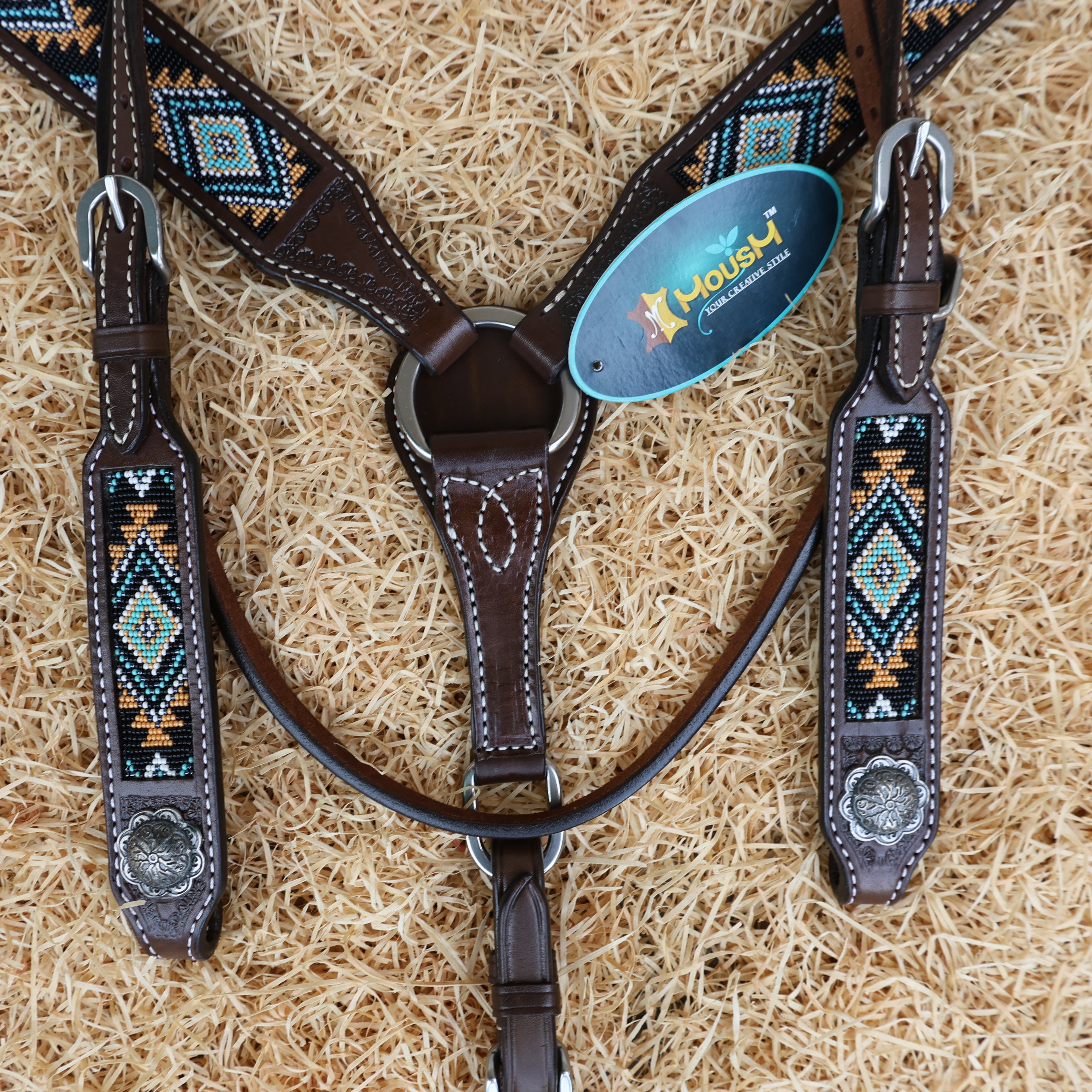 MOUSM Western Browband Headstall & Breast Collar Set – Argentina Cow Leather with Hand-Beaded Inlay & Antique Silver Conchos