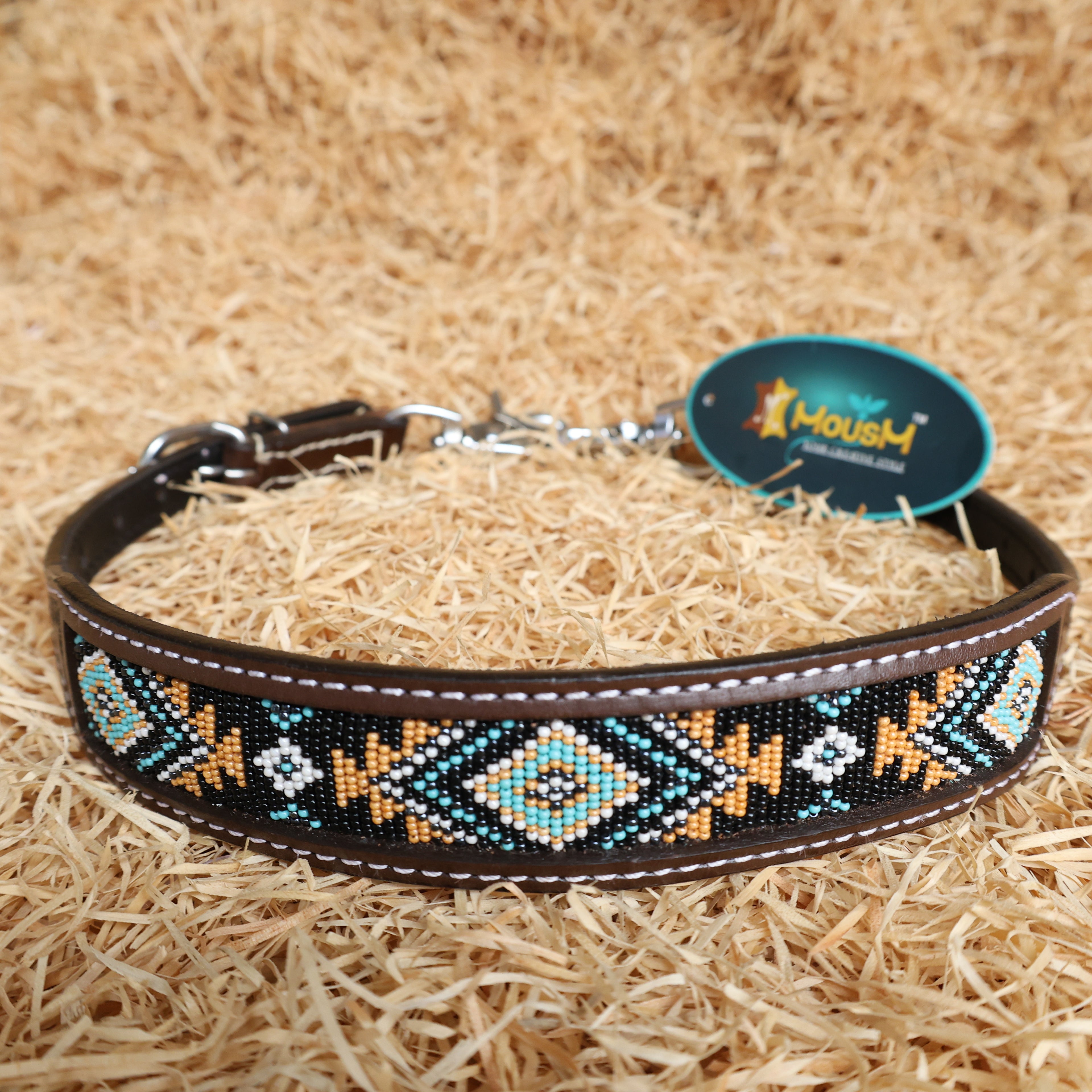 MOUSM Western Browband Headstall & Breast Collar Set – Argentina Cow Leather with Hand-Beaded Inlay & Antique Silver Conchos