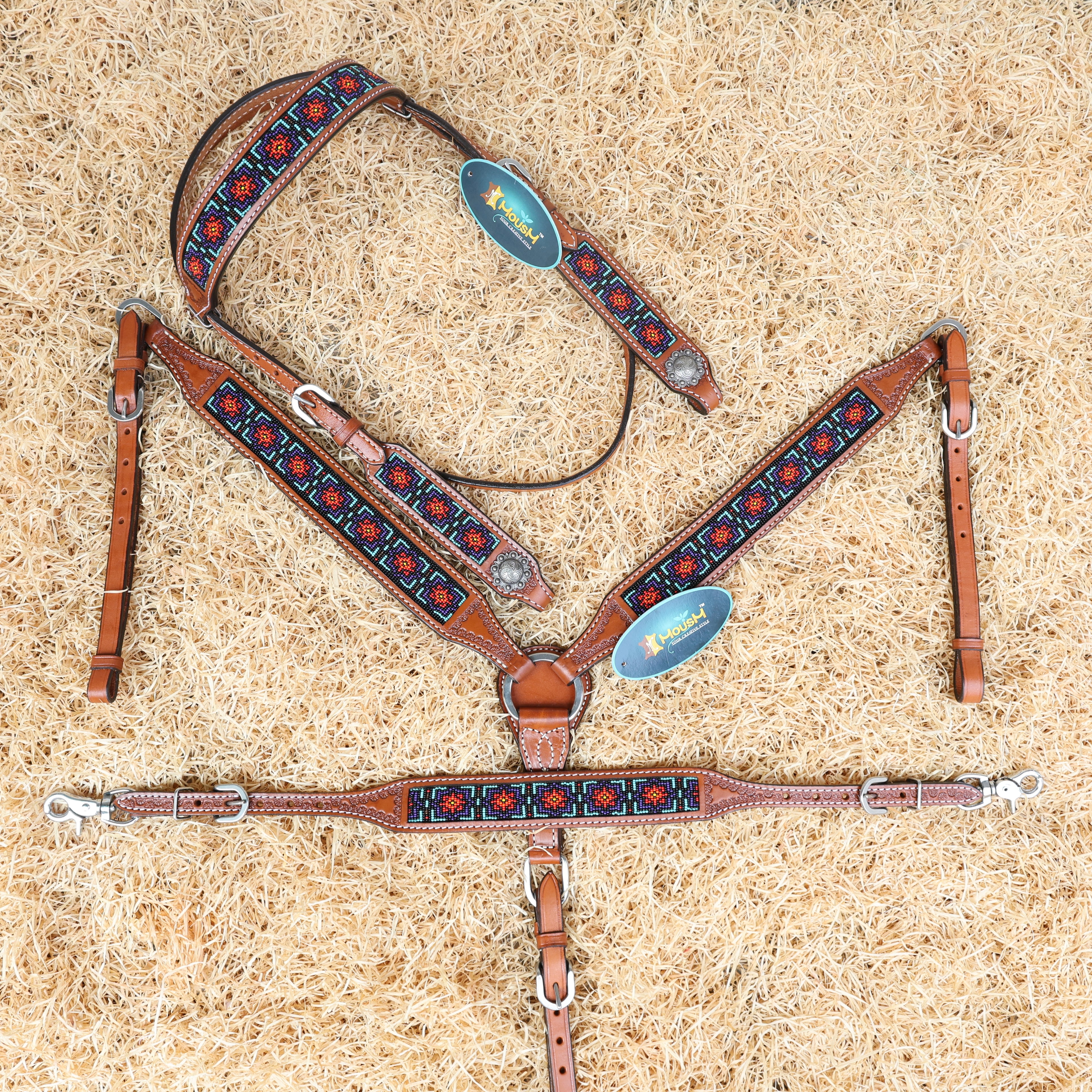 MOUSM Argentina Cow Leather Western Headstall & Breast Collar Set – Browband Headstall Decorated with Geometric Red & Teal Beaded Inlay on Tan Leather