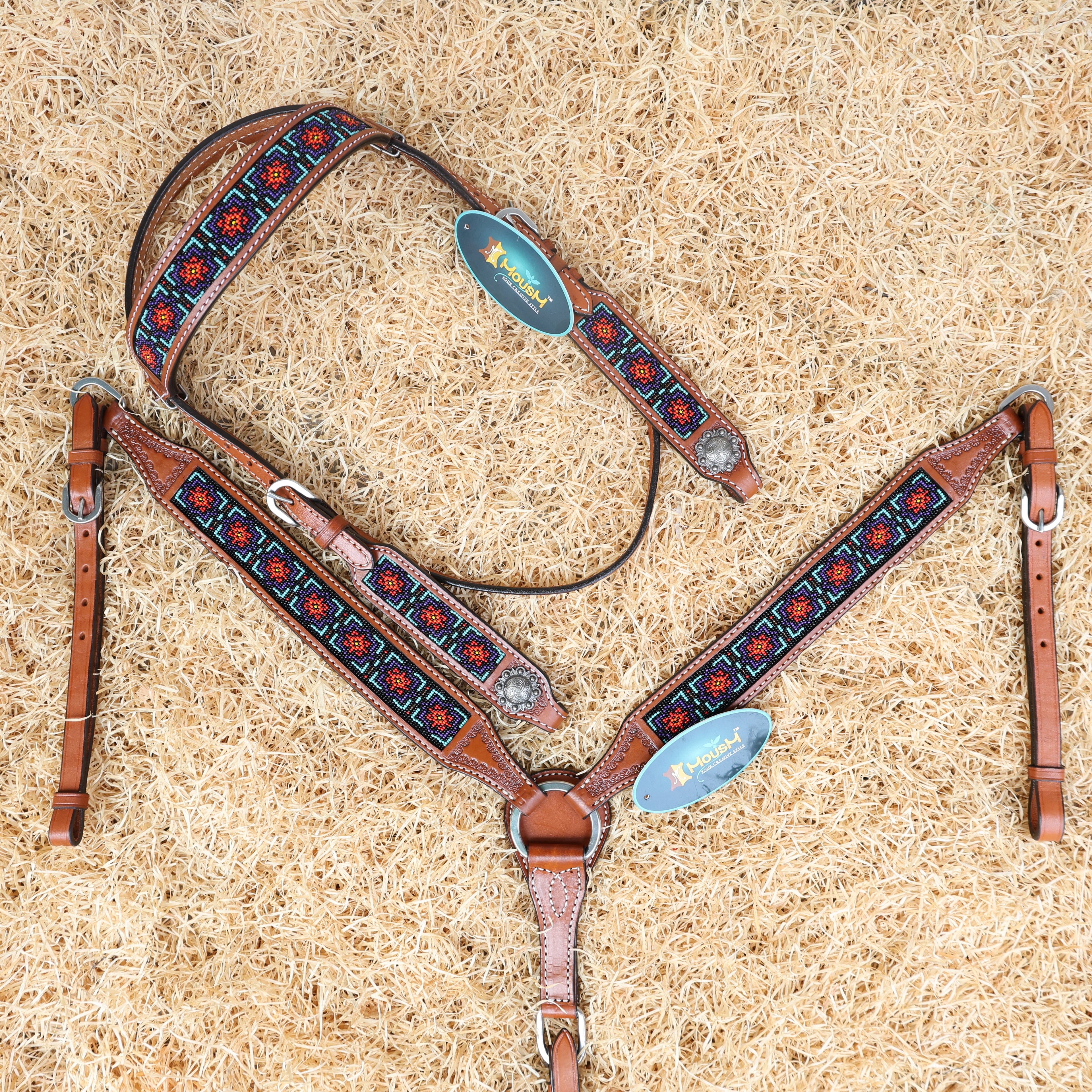 MOUSM Argentina Cow Leather Western Headstall & Breast Collar Set – Browband Headstall Decorated with Geometric Red & Teal Beaded Inlay on Tan Leather