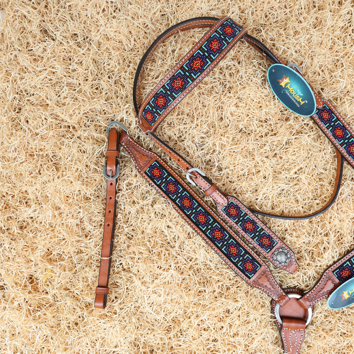 Geometric Red and Teal Beaded Inlay Browband Headstall Set