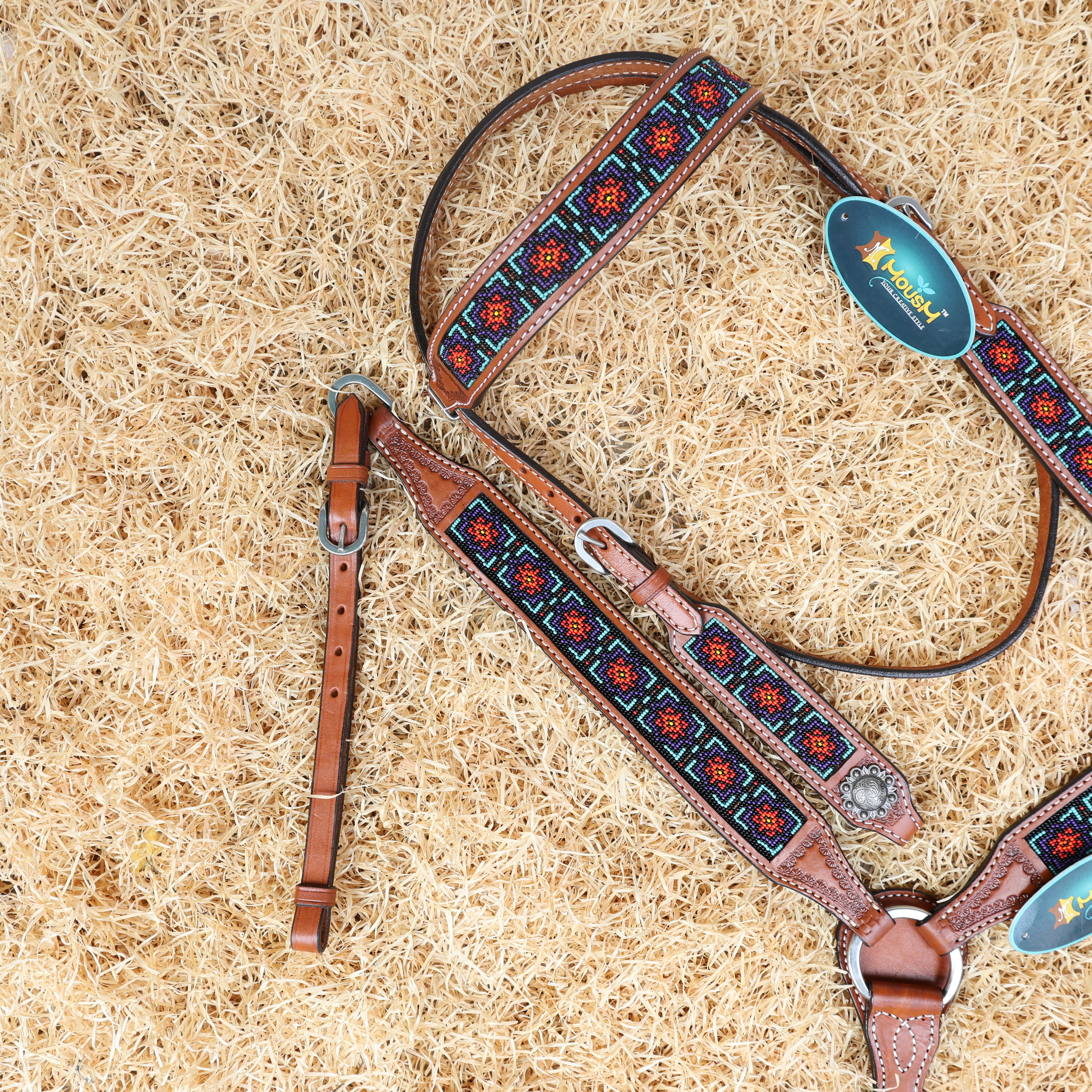 MOUSM Argentina Cow Leather Western Headstall & Breast Collar Set – Browband Headstall Decorated with Geometric Red & Teal Beaded Inlay on Tan Leather