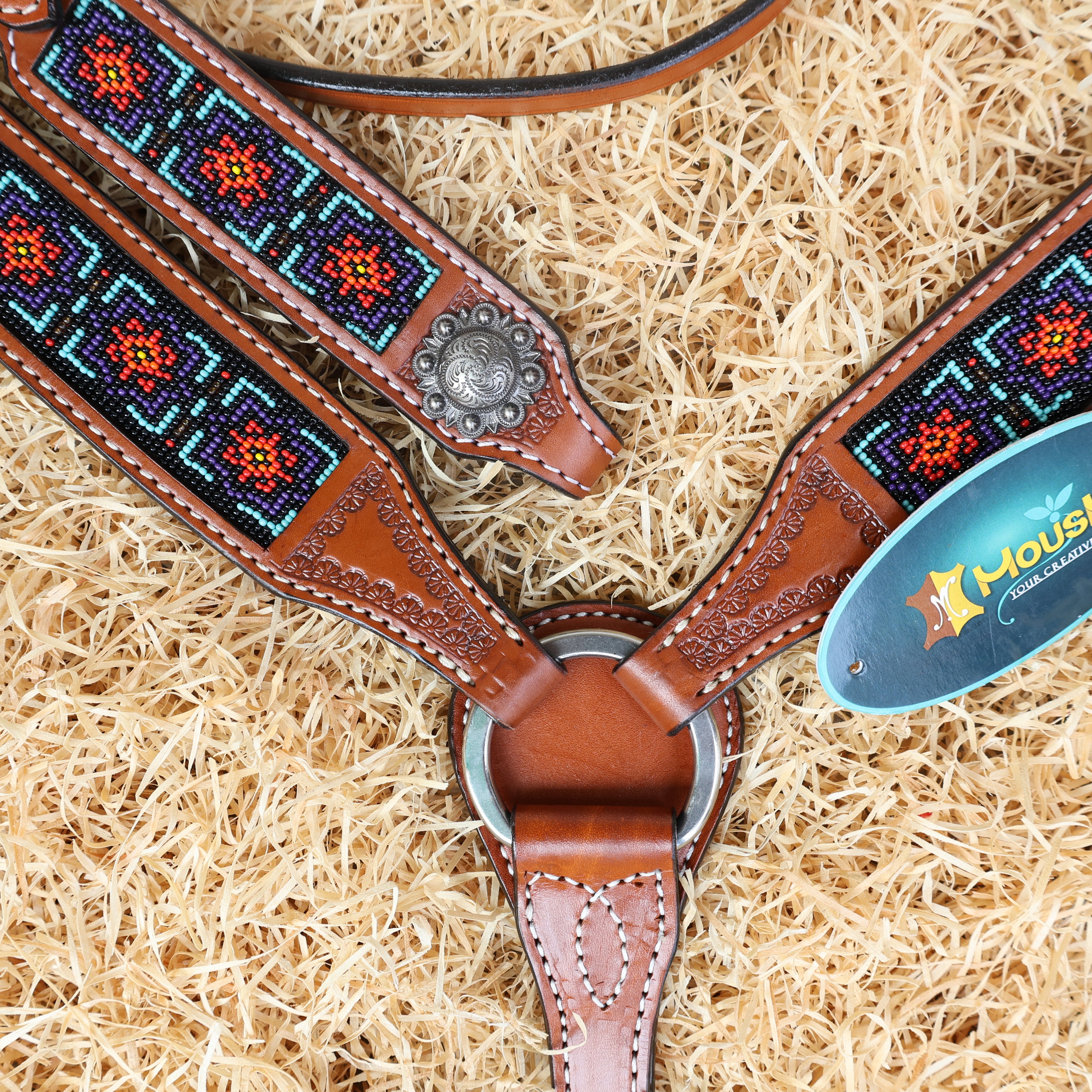 MOUSM Argentina Cow Leather Western Headstall & Breast Collar Set – Browband Headstall Decorated with Geometric Red & Teal Beaded Inlay on Tan Leather