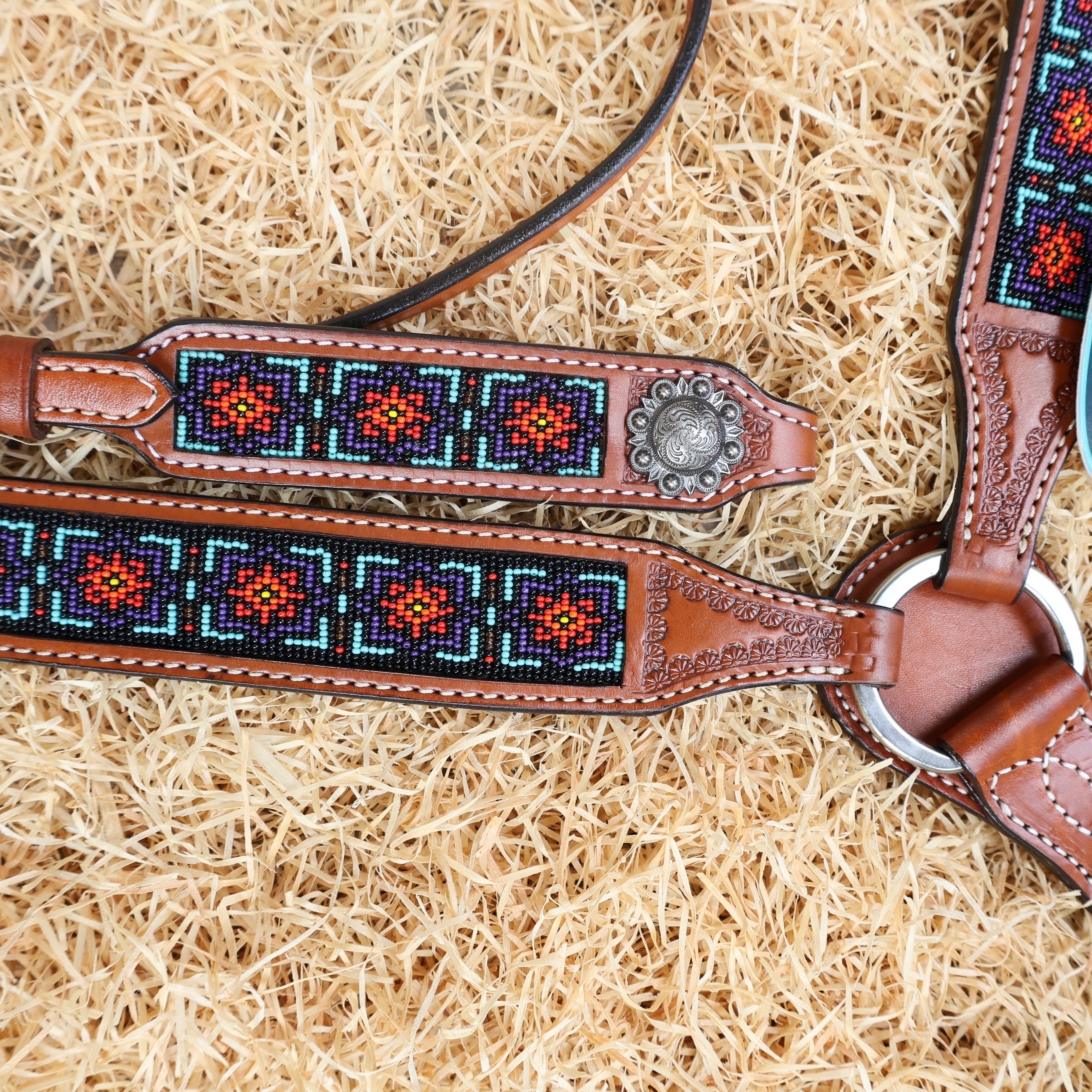 MOUSM Argentina Cow Leather Western Headstall & Breast Collar Set – Browband Headstall Decorated with Geometric Red & Teal Beaded Inlay on Tan Leather