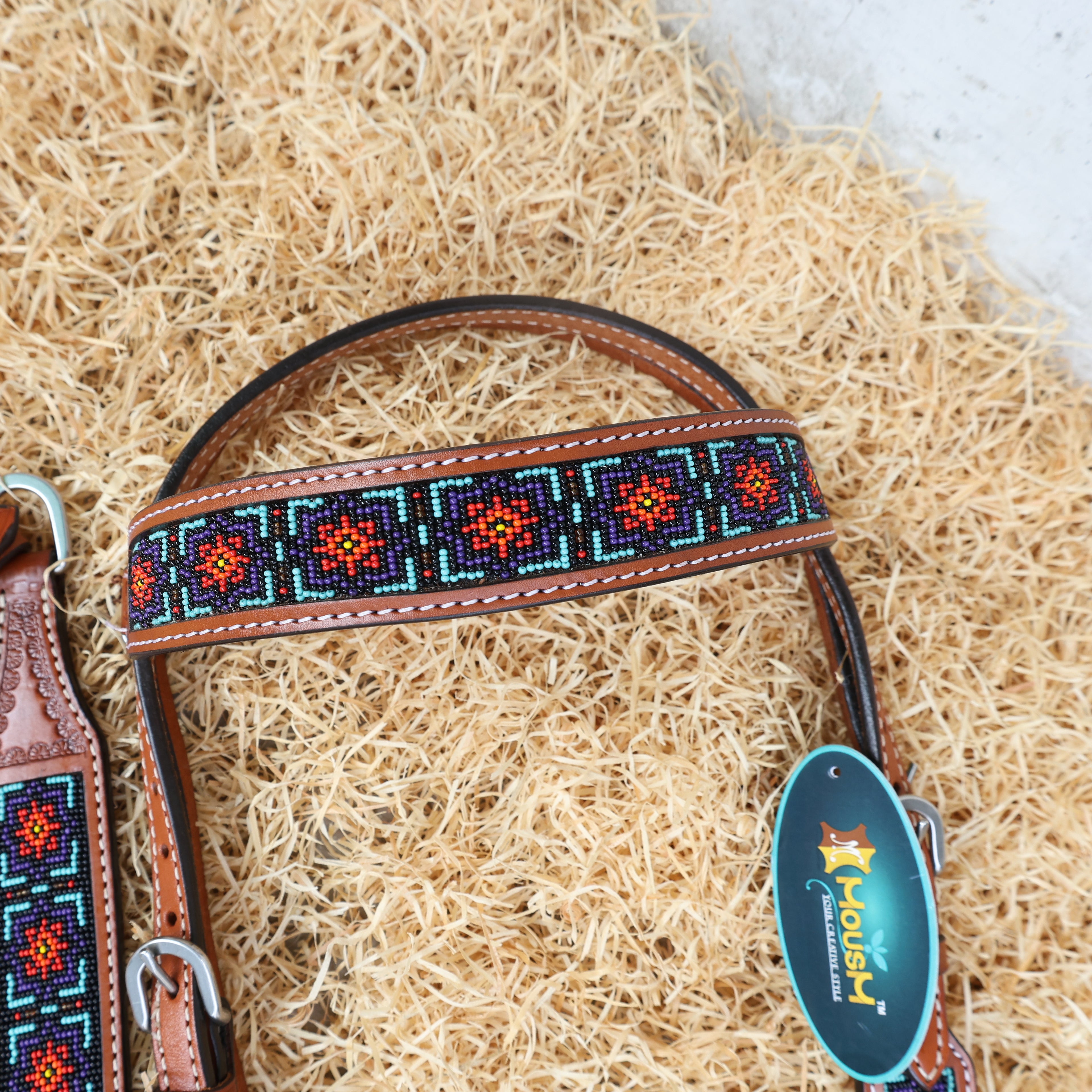 MOUSM Argentina Cow Leather Western Headstall & Breast Collar Set – Browband Headstall Decorated with Geometric Red & Teal Beaded Inlay on Tan Leather