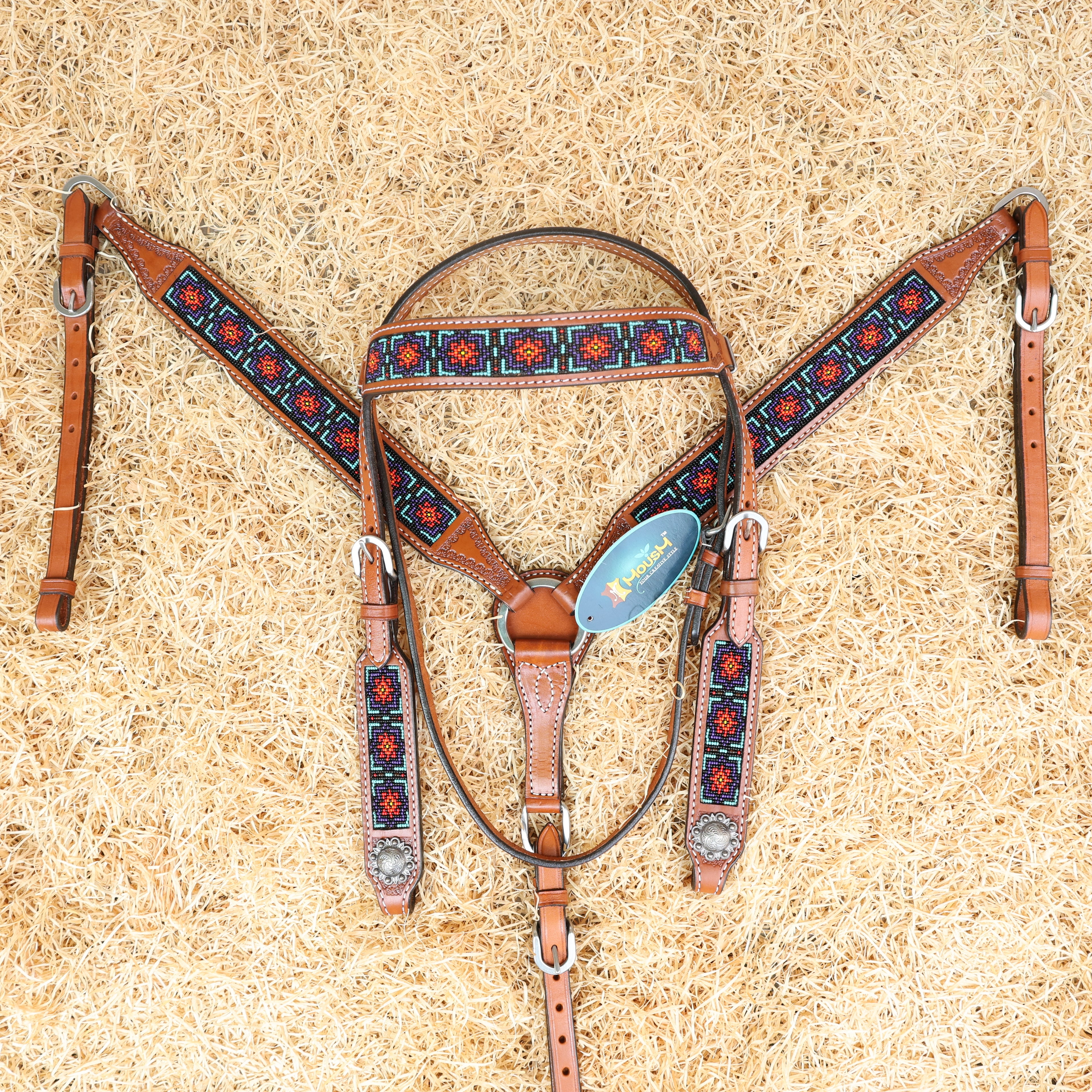 MOUSM Argentina Cow Leather Western Headstall & Breast Collar Set – Browband Headstall Decorated with Geometric Red & Teal Beaded Inlay on Tan Leather