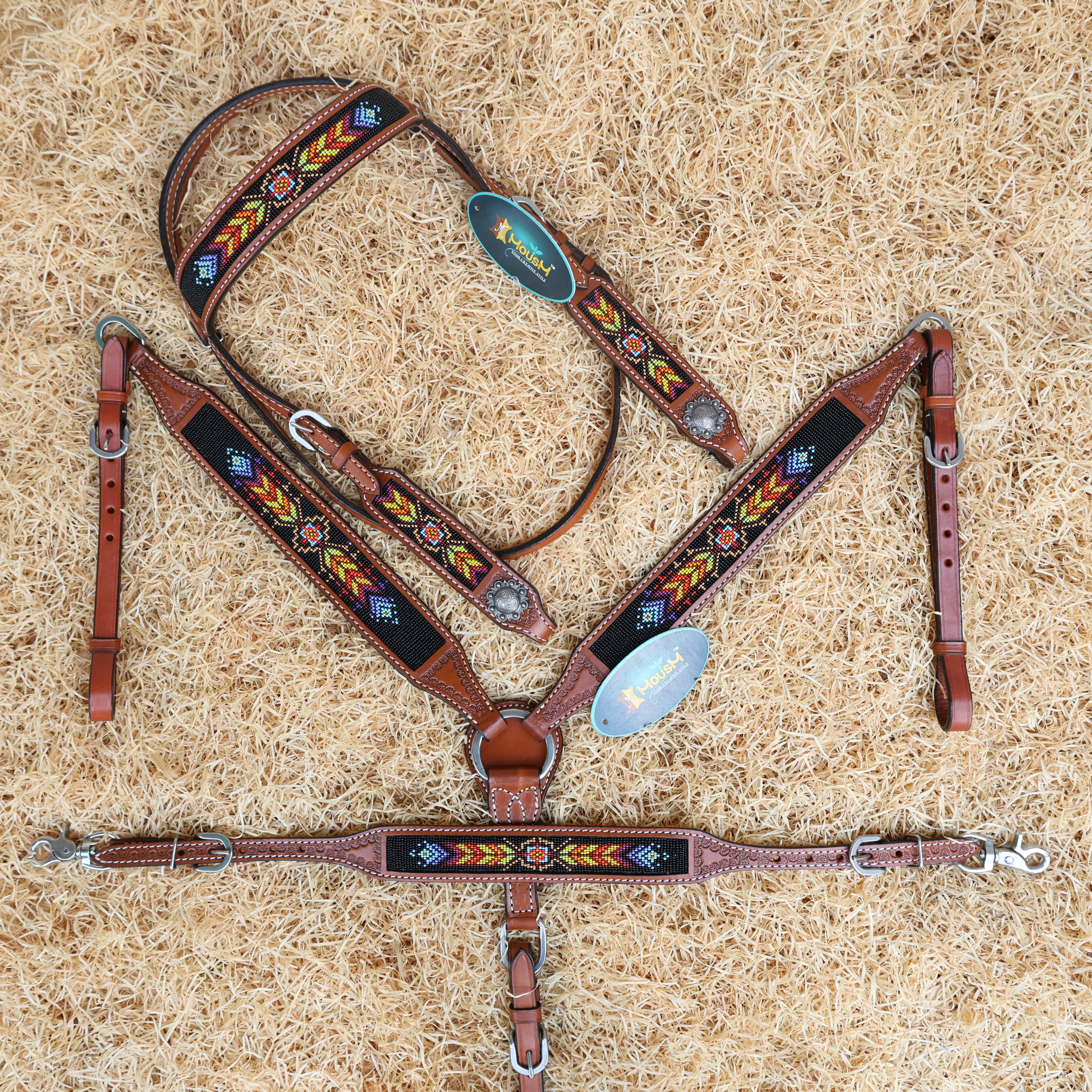 MOUSM Argentina Cow Leather Western Browband Headstall & Breast Collar Set – Hand-Beaded Inlay with Vibrant Geometric Pattern on Black