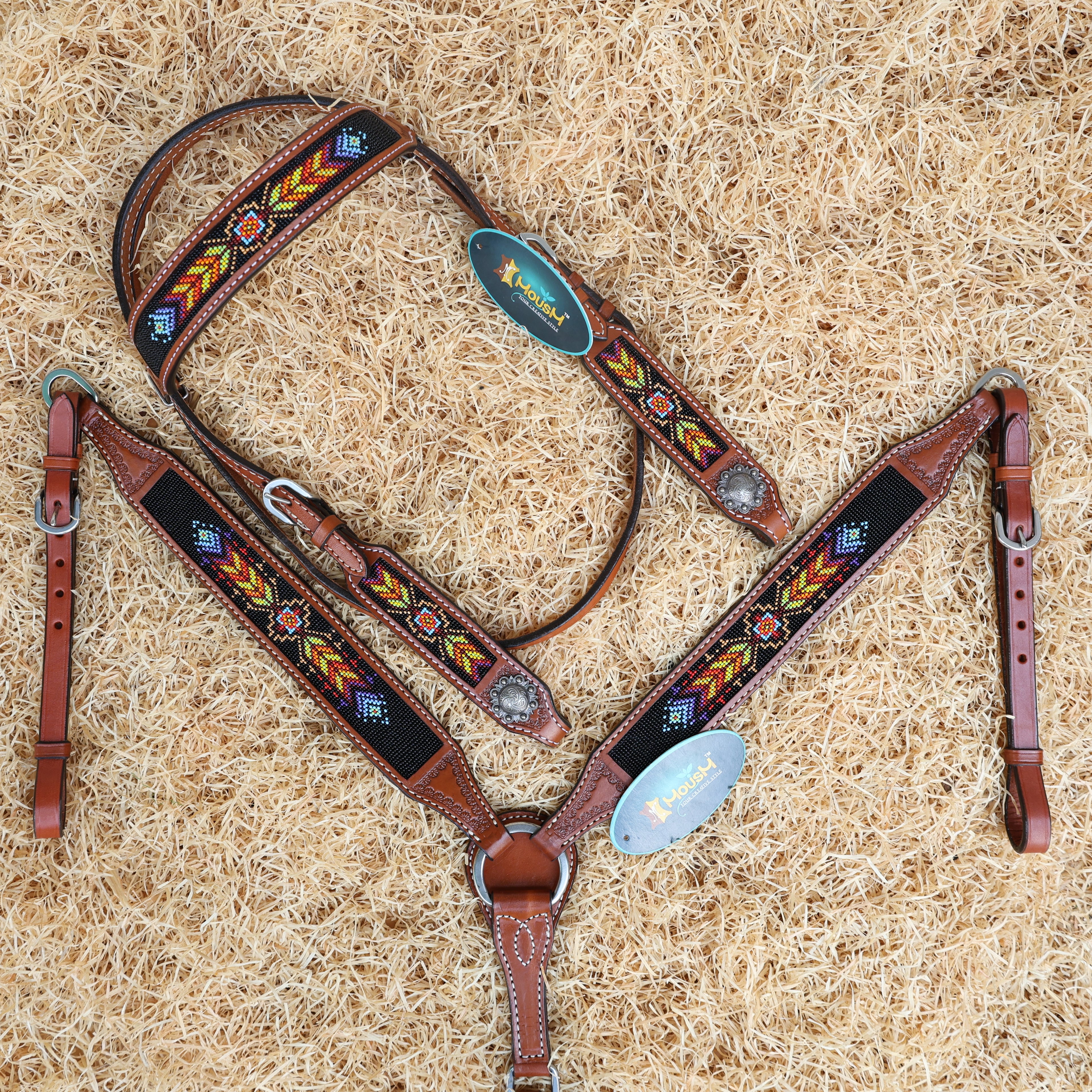 MOUSM Argentina Cow Leather Western Browband Headstall & Breast Collar Set – Hand-Beaded Inlay with Vibrant Geometric Pattern on Black