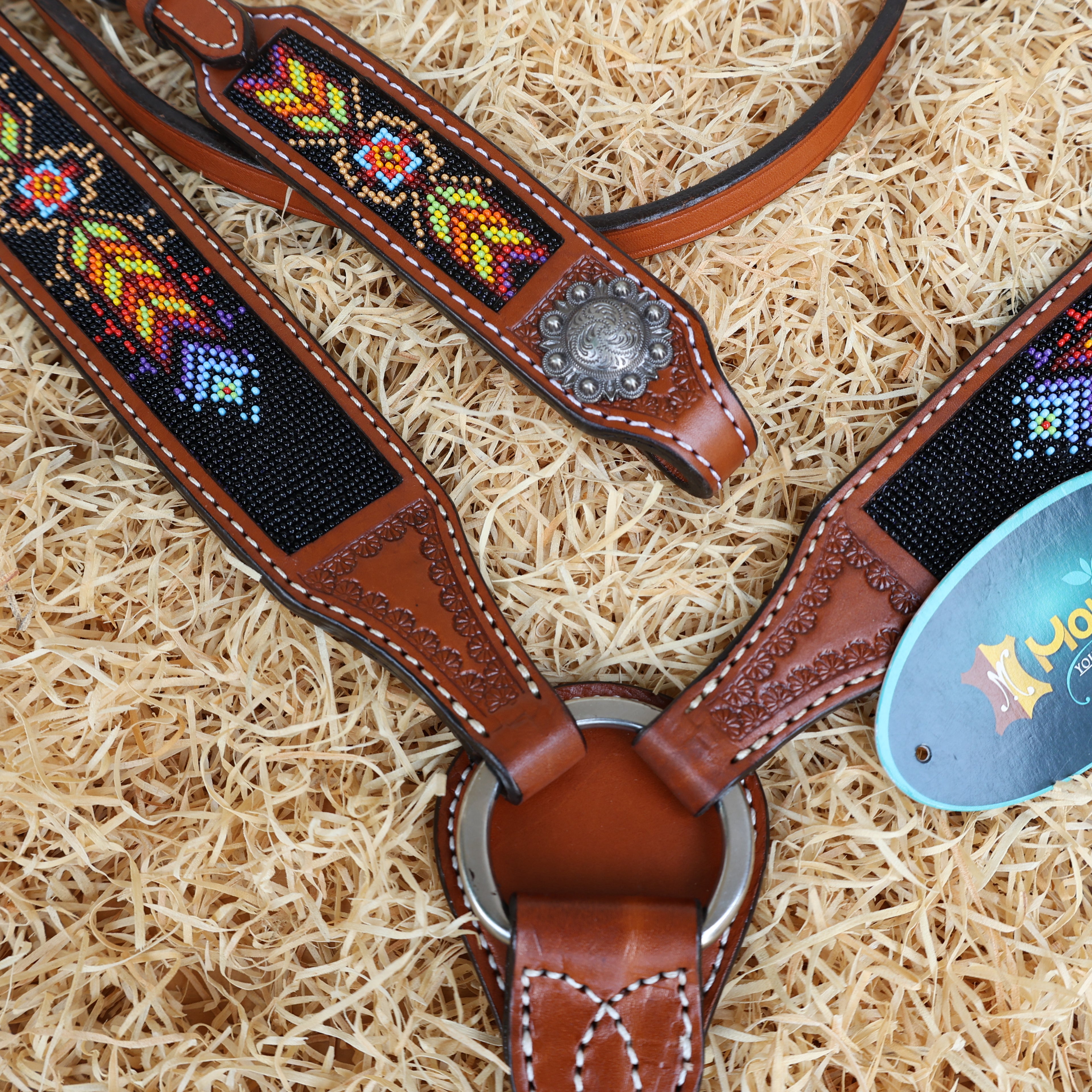 MOUSM Argentina Cow Leather Western Browband Headstall & Breast Collar Set – Hand-Beaded Inlay with Vibrant Geometric Pattern on Black