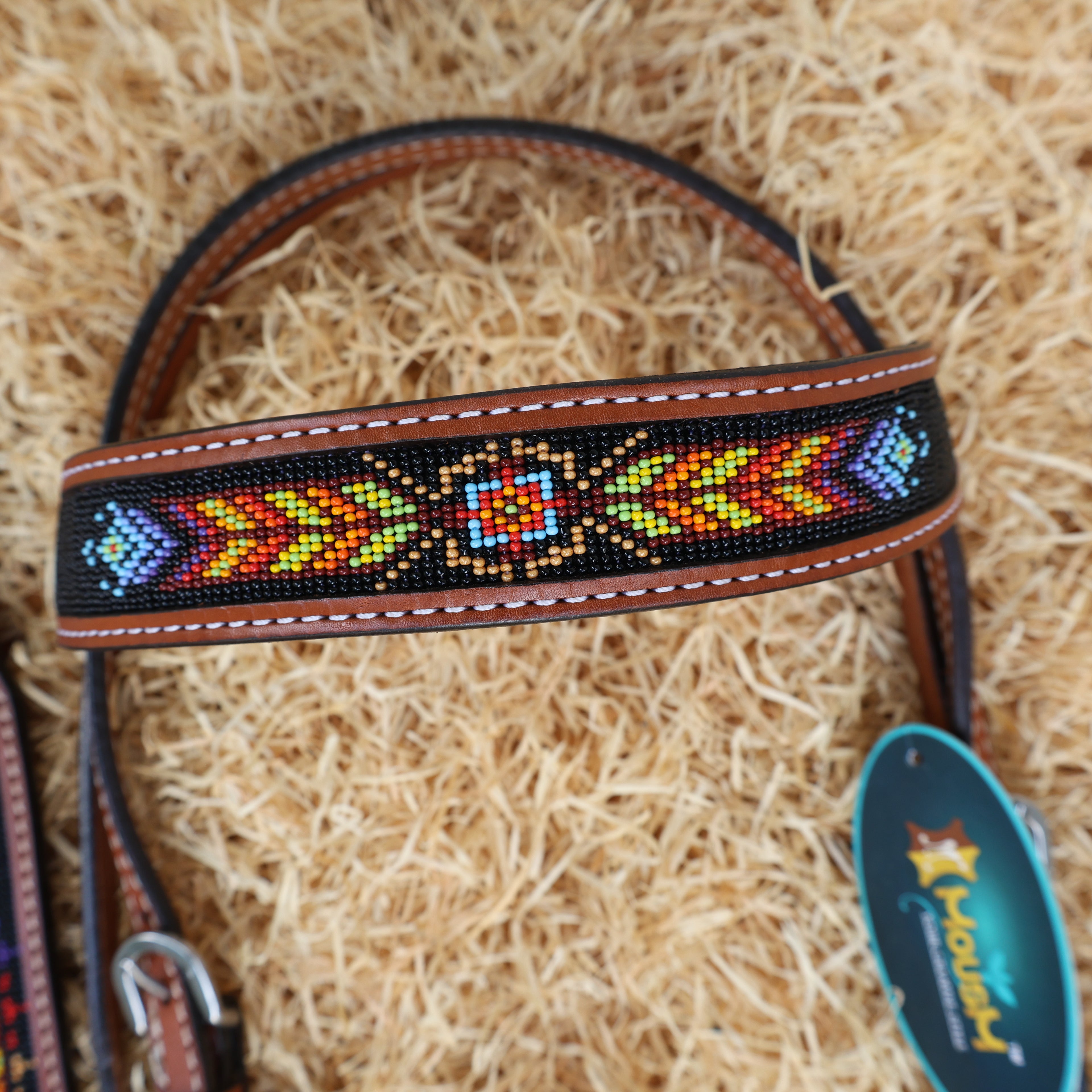 MOUSM Argentina Cow Leather Western Browband Headstall & Breast Collar Set – Hand-Beaded Inlay with Vibrant Geometric Pattern on Black