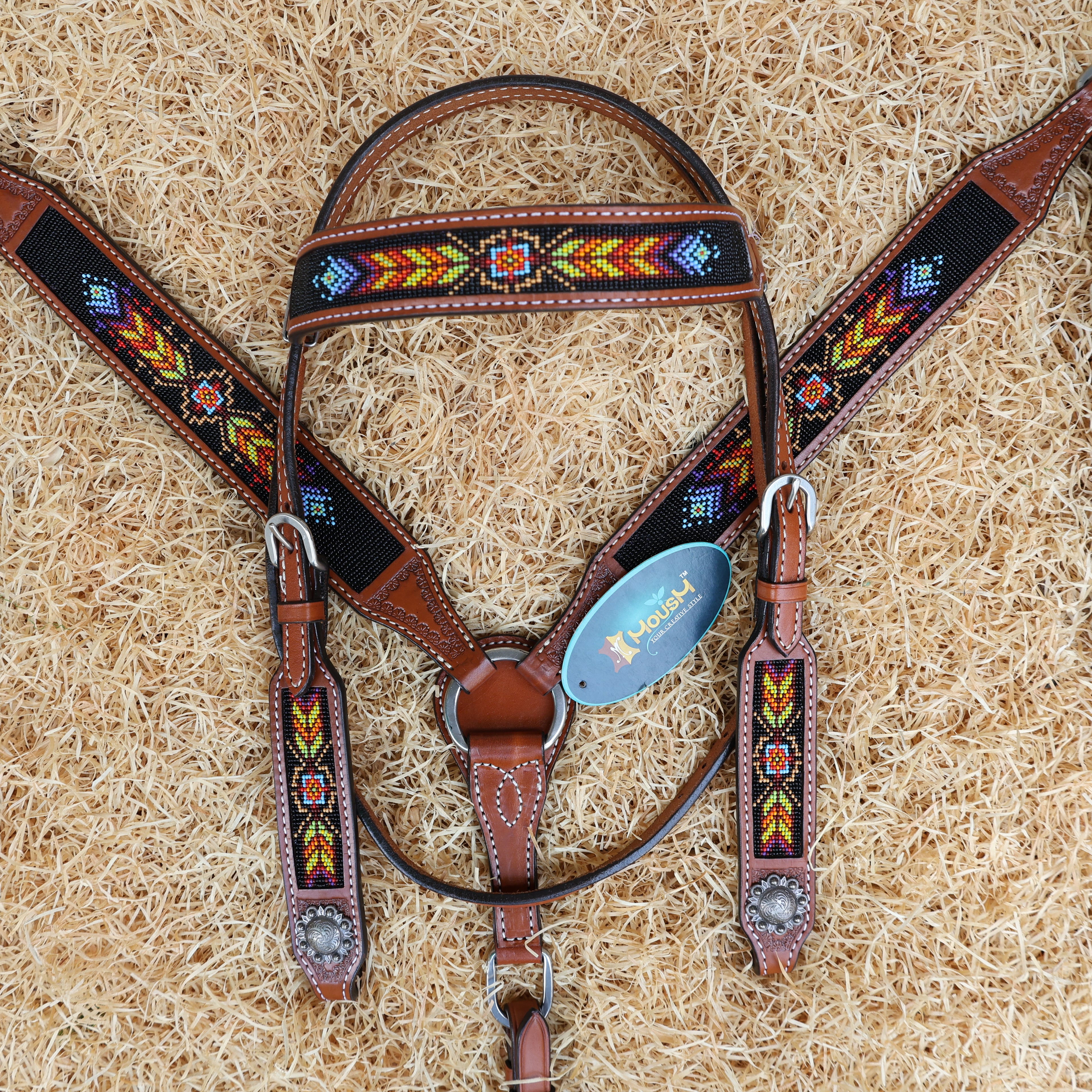 MOUSM Argentina Cow Leather Western Browband Headstall & Breast Collar Set – Hand-Beaded Inlay with Vibrant Geometric Pattern on Black
