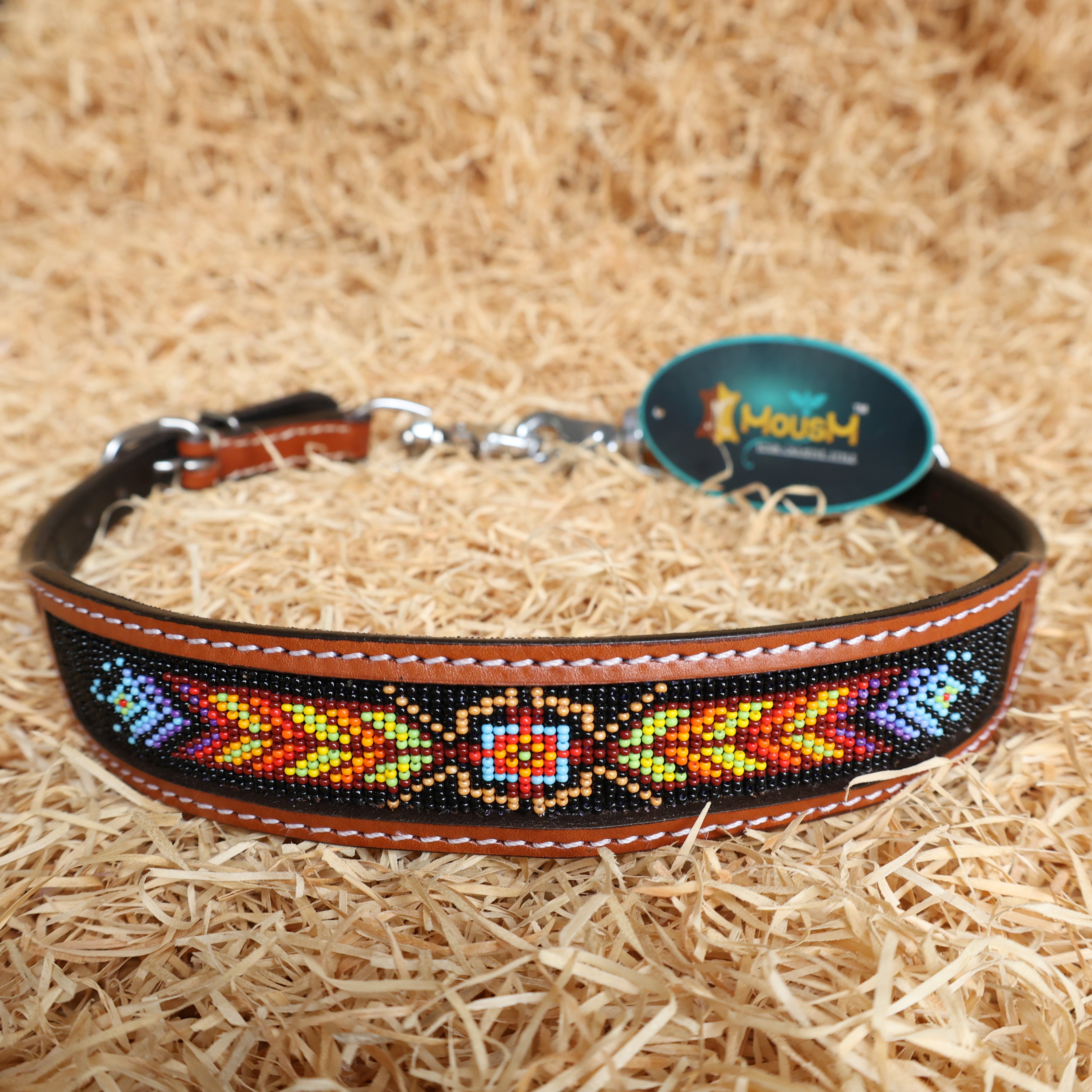 MOUSM Argentina Cow Leather Western Browband Headstall & Breast Collar Set – Hand-Beaded Inlay with Vibrant Geometric Pattern on Black