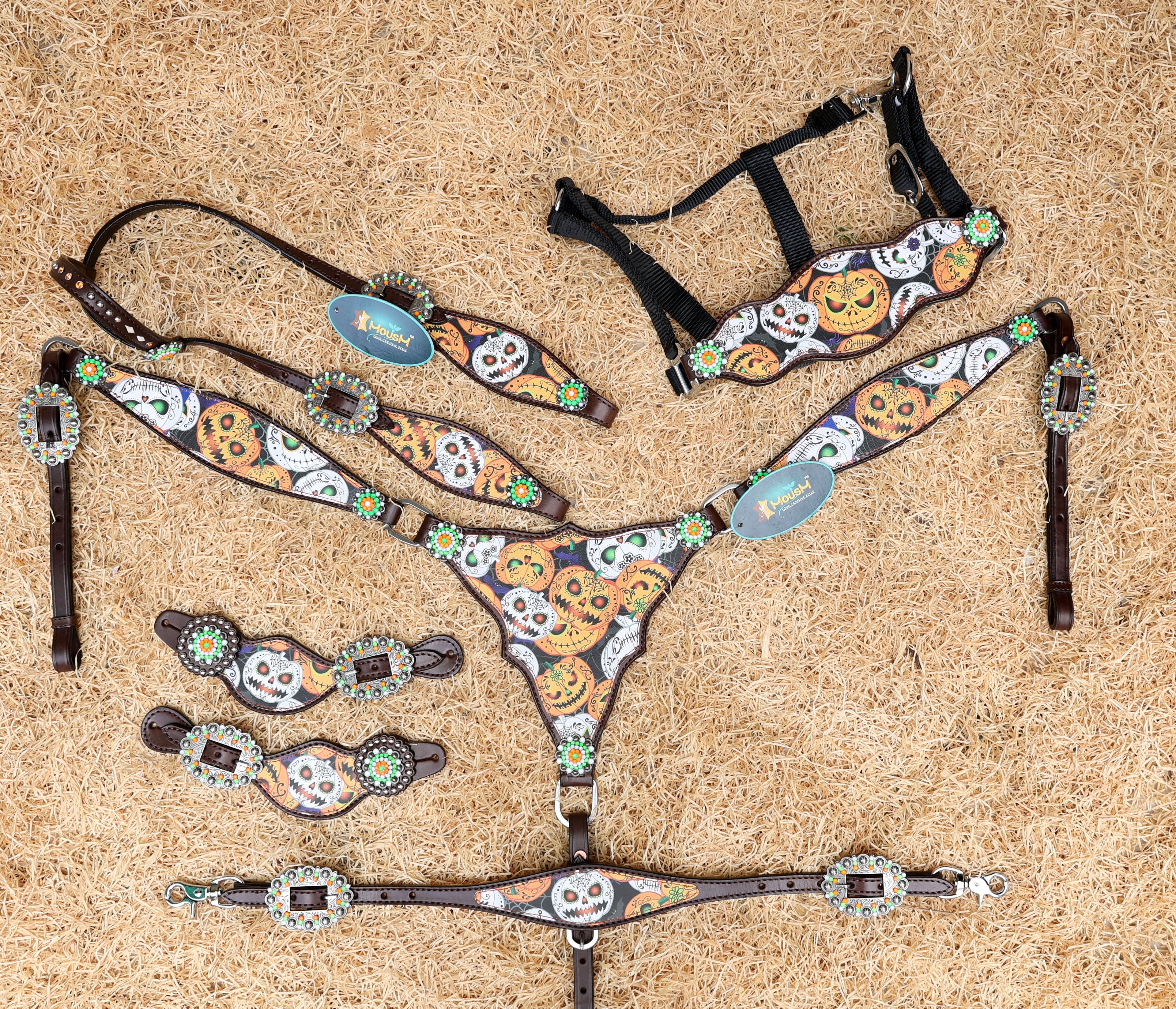 MOUSM Spooky Western Leather Headstall & Breast Collar Set – Decorated with Black-White-Orange Halloween Pumpkin Print with Reflective Rhinestone Conchos