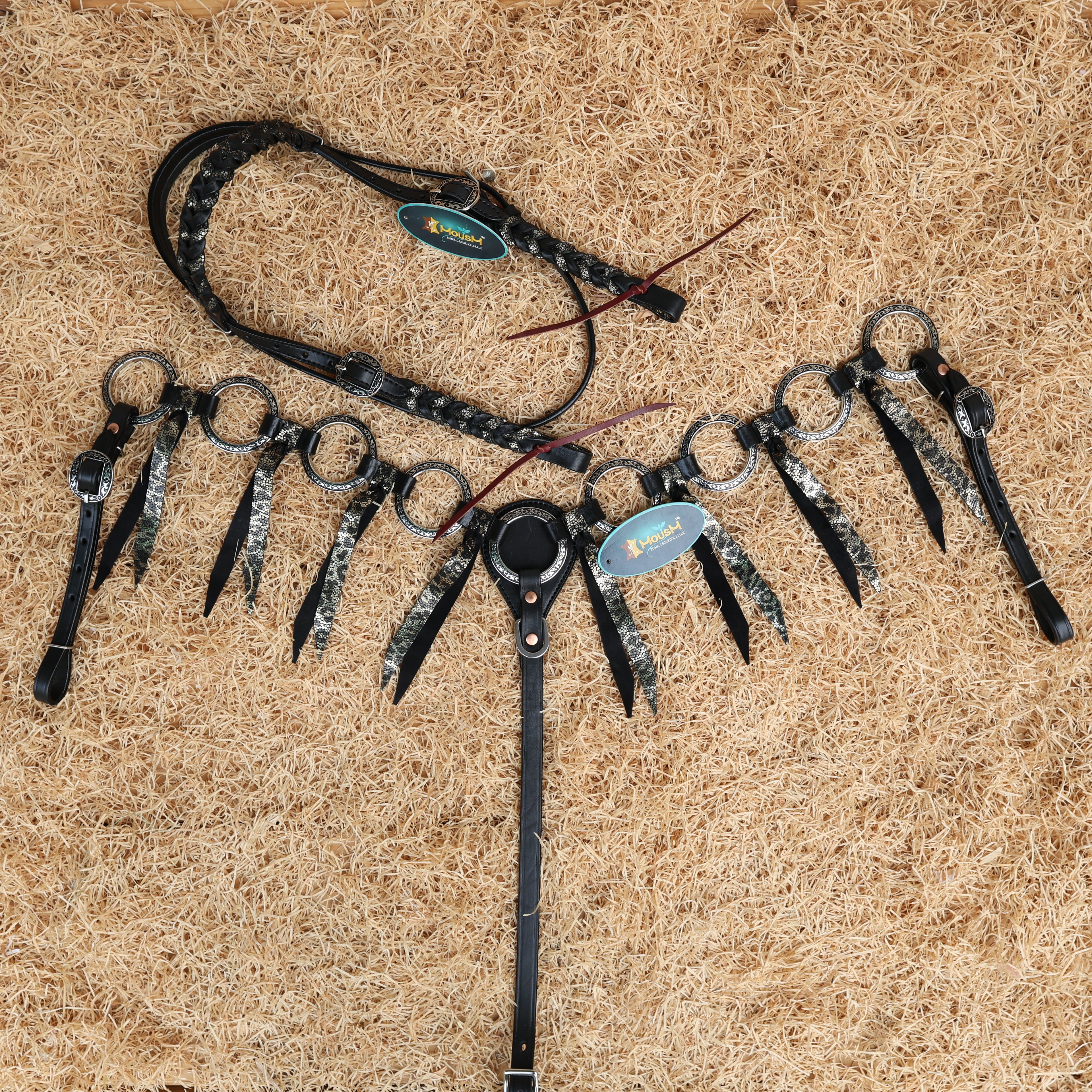 MOUSM Western Headstall and Breast Collar Set – Decorated with Engraved Antique Nickel Rings, Metallic Leopard Leather Fringe on Black Leather Braided Browband and Cheekpiece