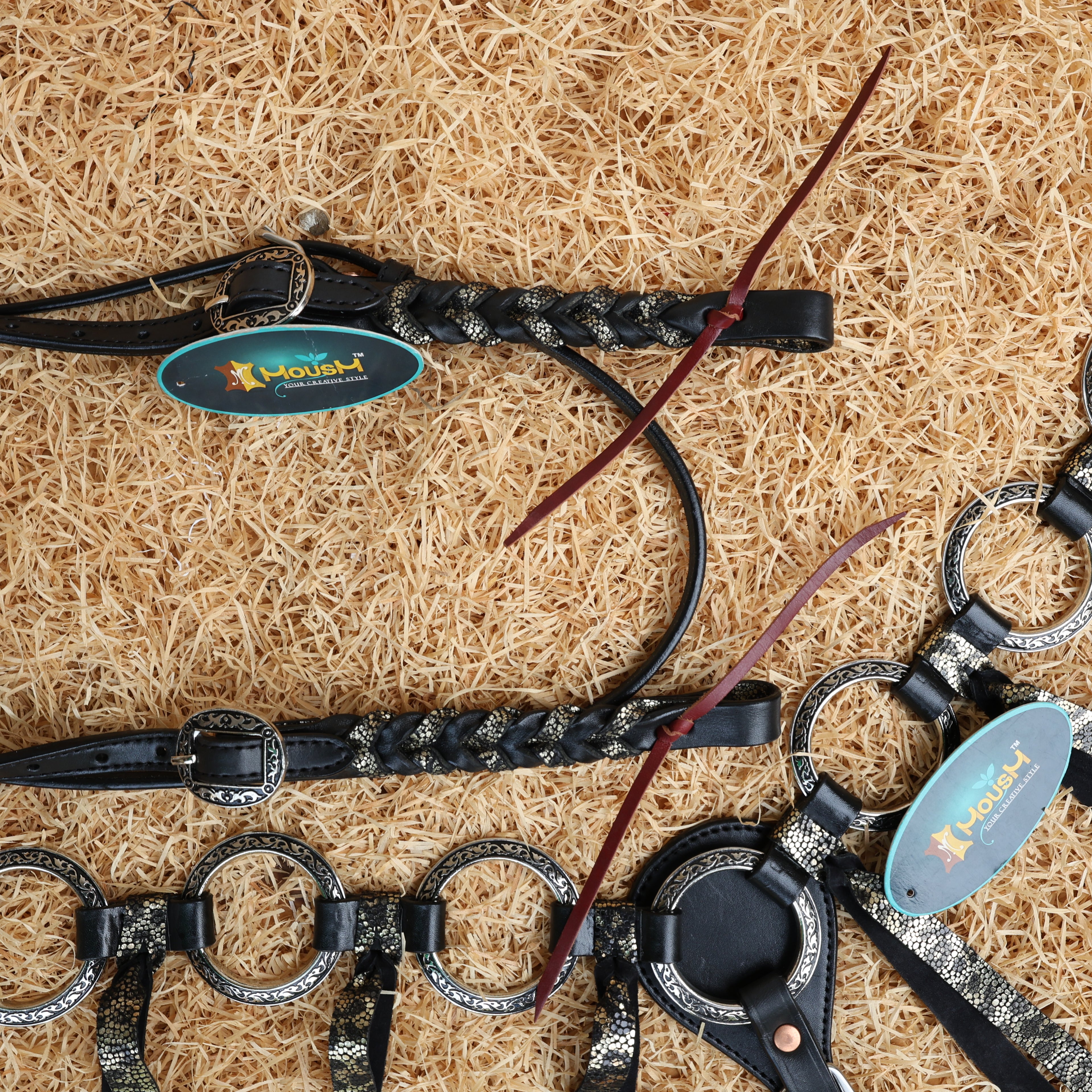 MOUSM Western Headstall and Breast Collar Set – Decorated with Engraved Antique Nickel Rings, Metallic Leopard Leather Fringe on Black Leather Braided Browband and Cheekpiece