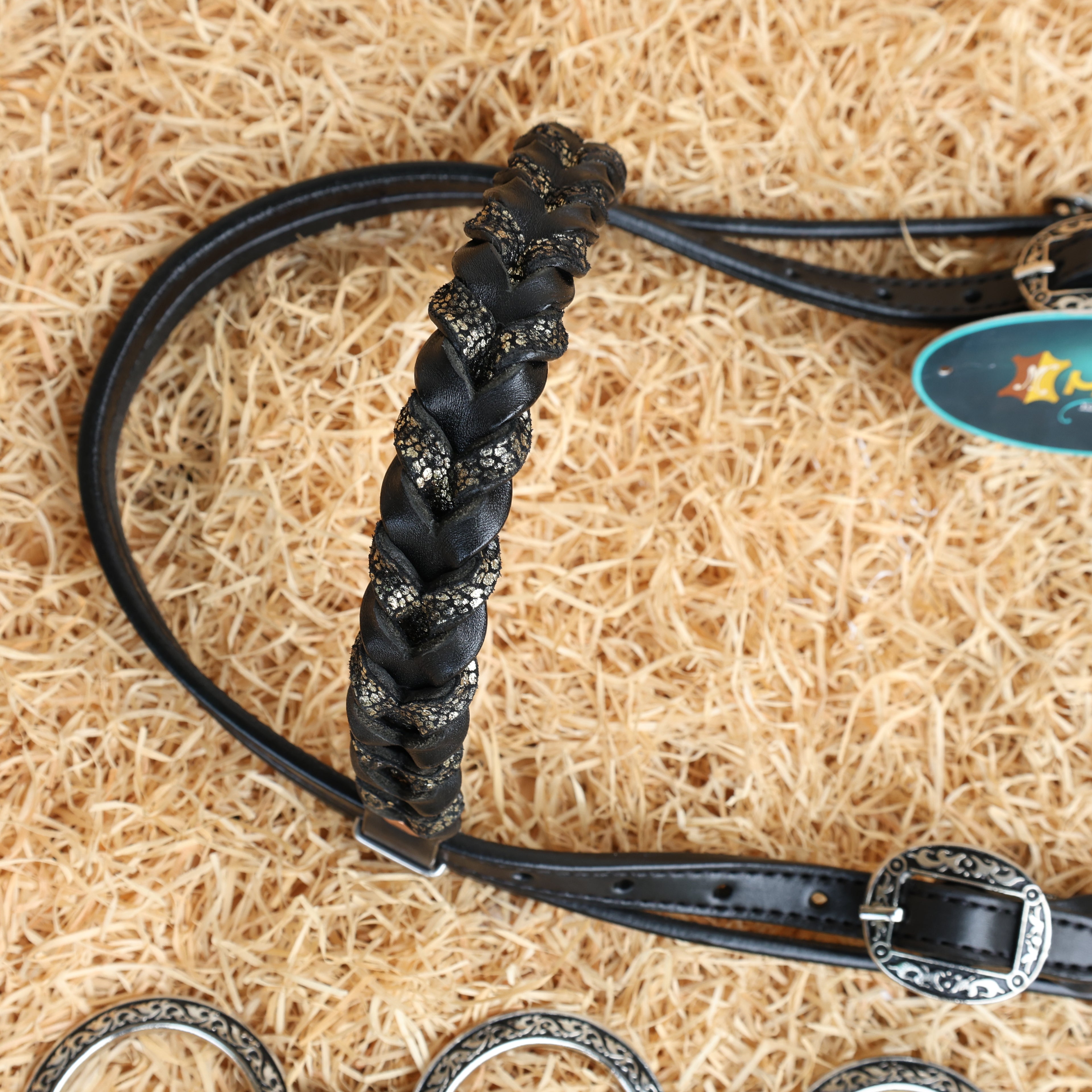 MOUSM Western Headstall and Breast Collar Set – Decorated with Engraved Antique Nickel Rings, Metallic Leopard Leather Fringe on Black Leather Braided Browband and Cheekpiece
