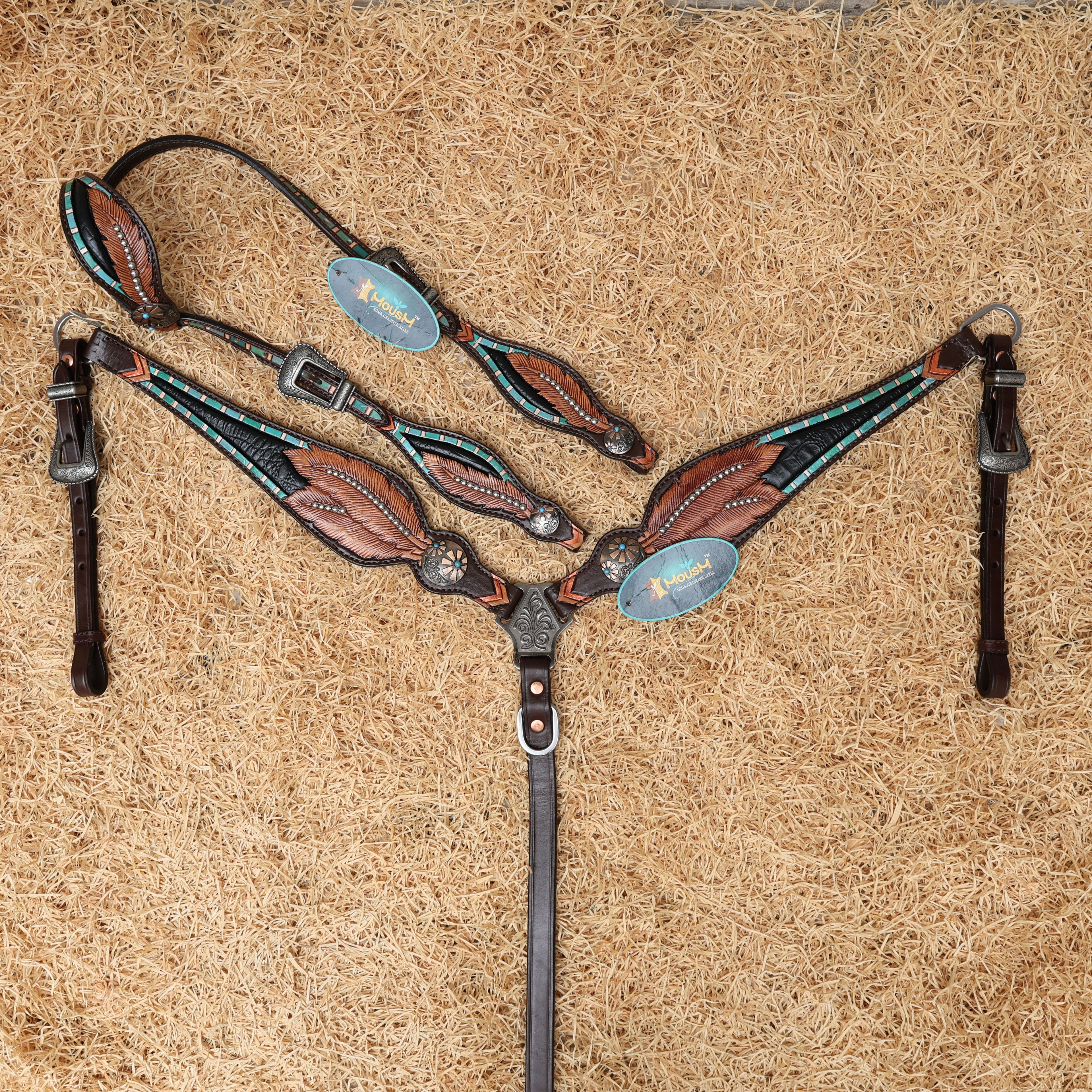 MOUSM Western Headstall and Breast Collar Set – Black Alligator Inlay with Feather Carving & Silver Studs