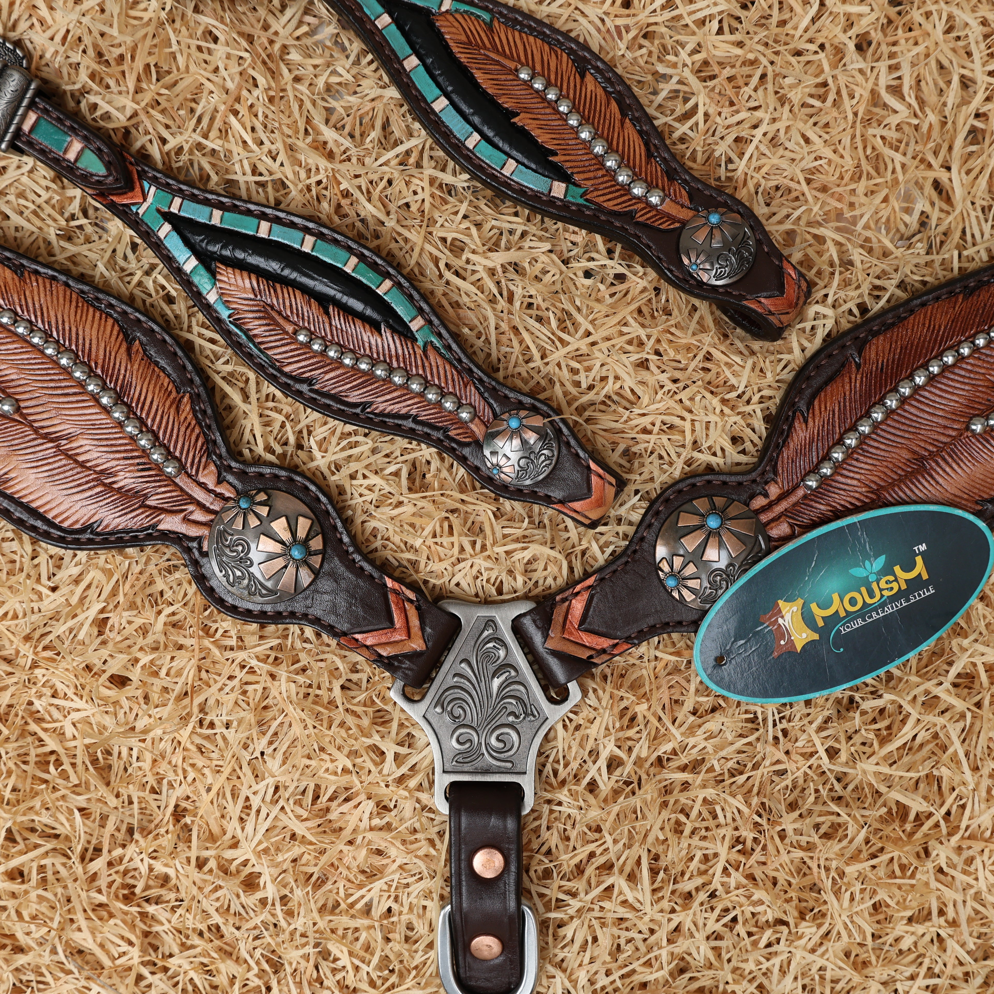 MOUSM Western Headstall and Breast Collar Set – Black Alligator Inlay with Feather Carving & Silver Studs