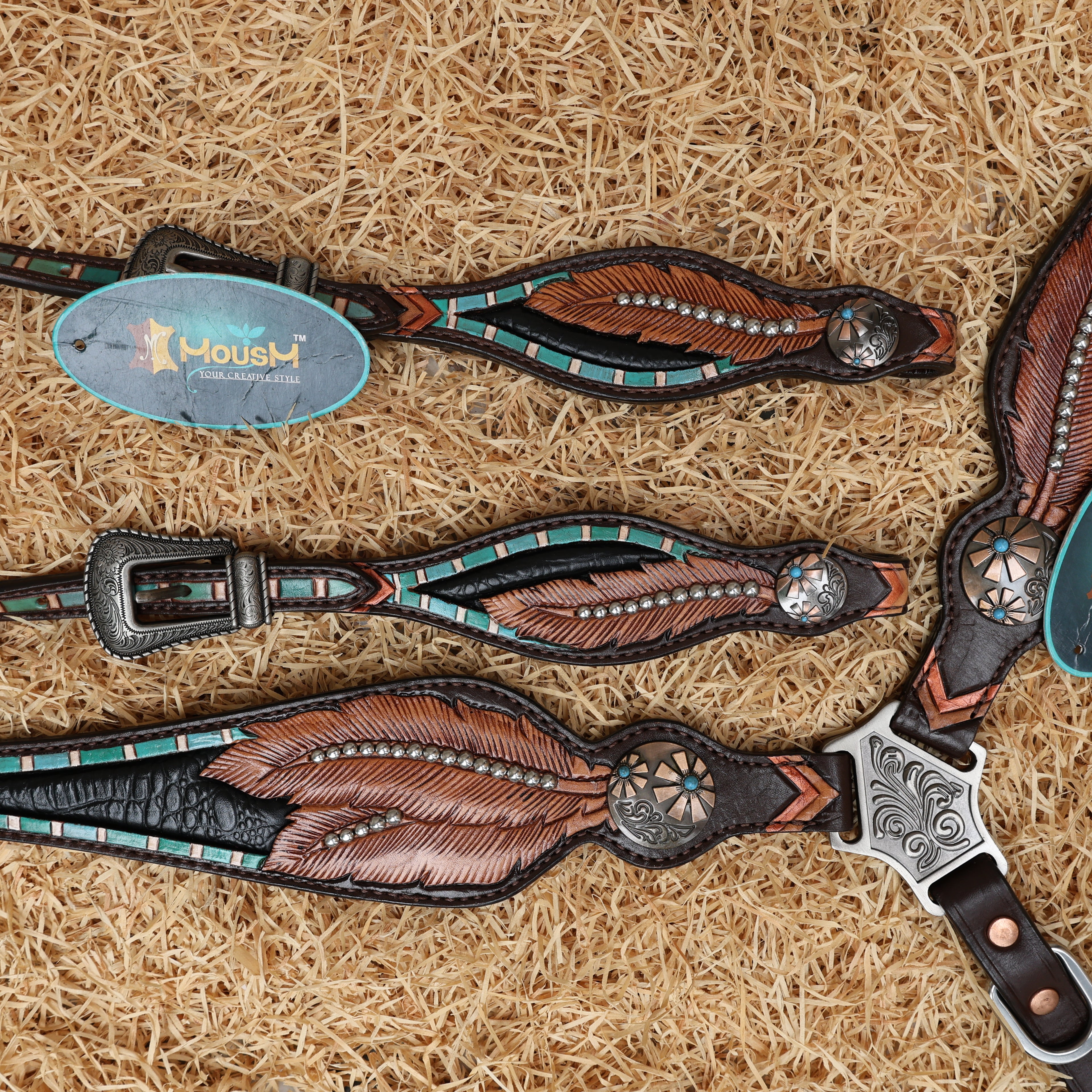 MOUSM Western Headstall and Breast Collar Set – Black Alligator Inlay with Feather Carving & Silver Studs