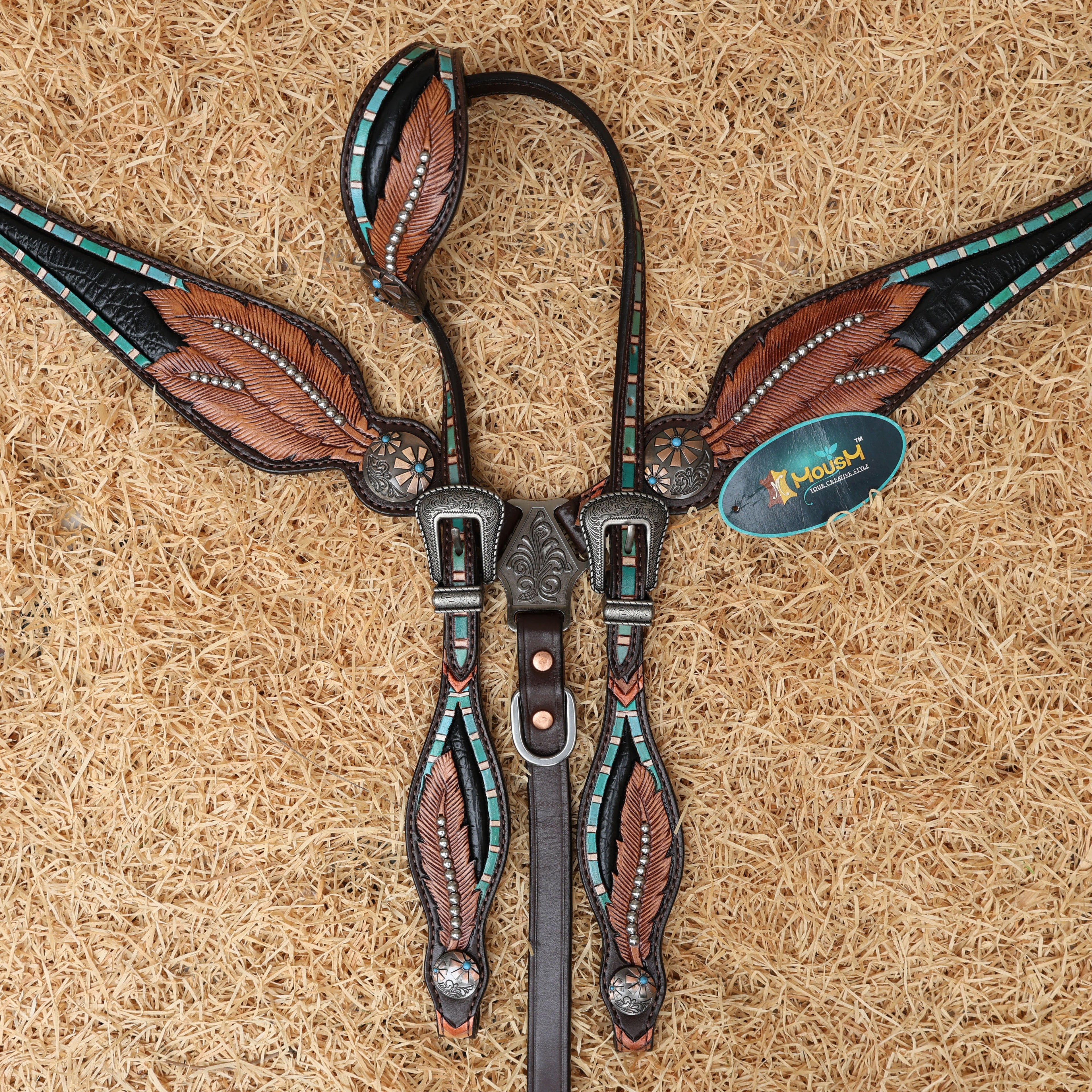 MOUSM Western Headstall and Breast Collar Set – Black Alligator Inlay with Feather Carving & Silver Studs