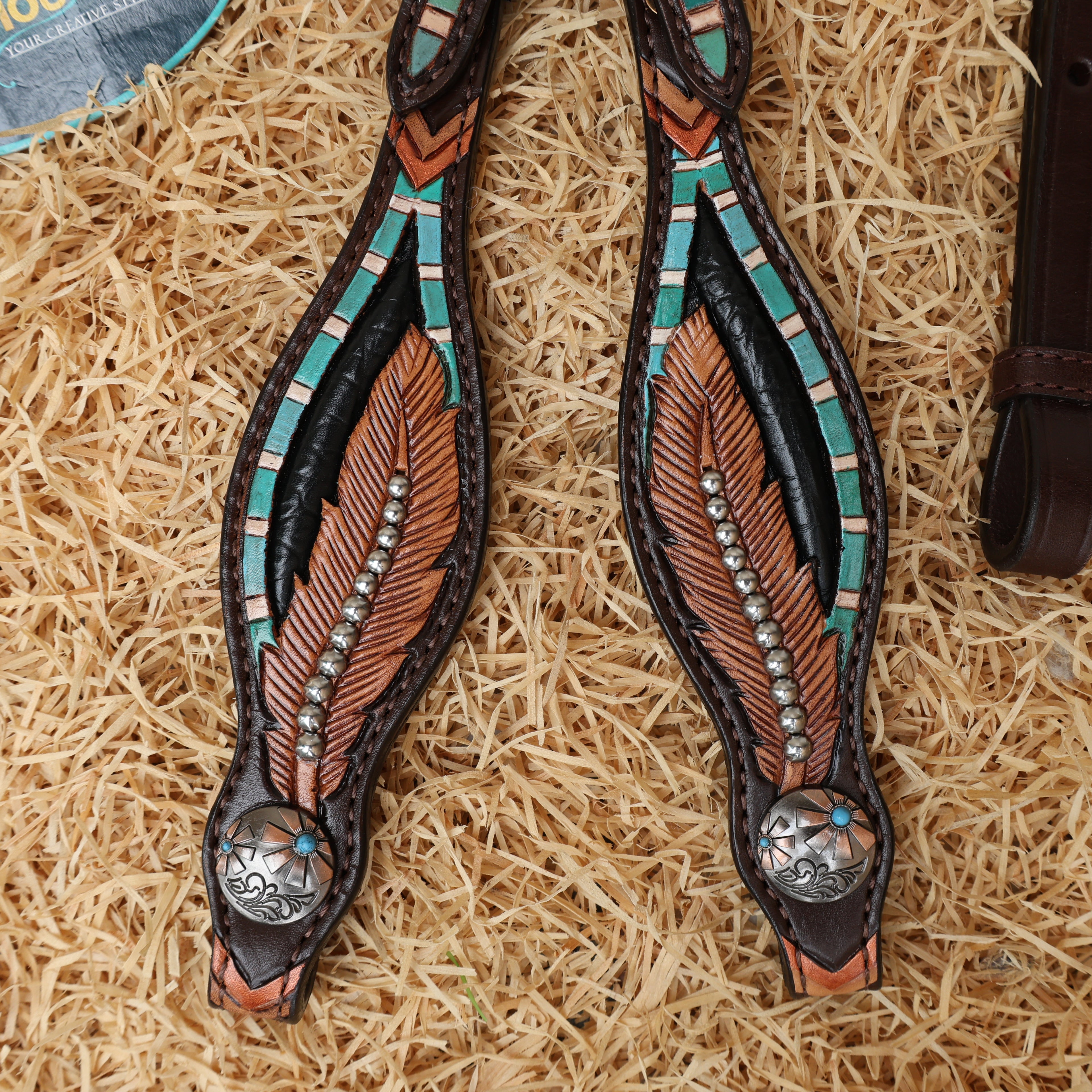 MOUSM Western Headstall and Breast Collar Set – Black Alligator Inlay with Feather Carving & Silver Studs