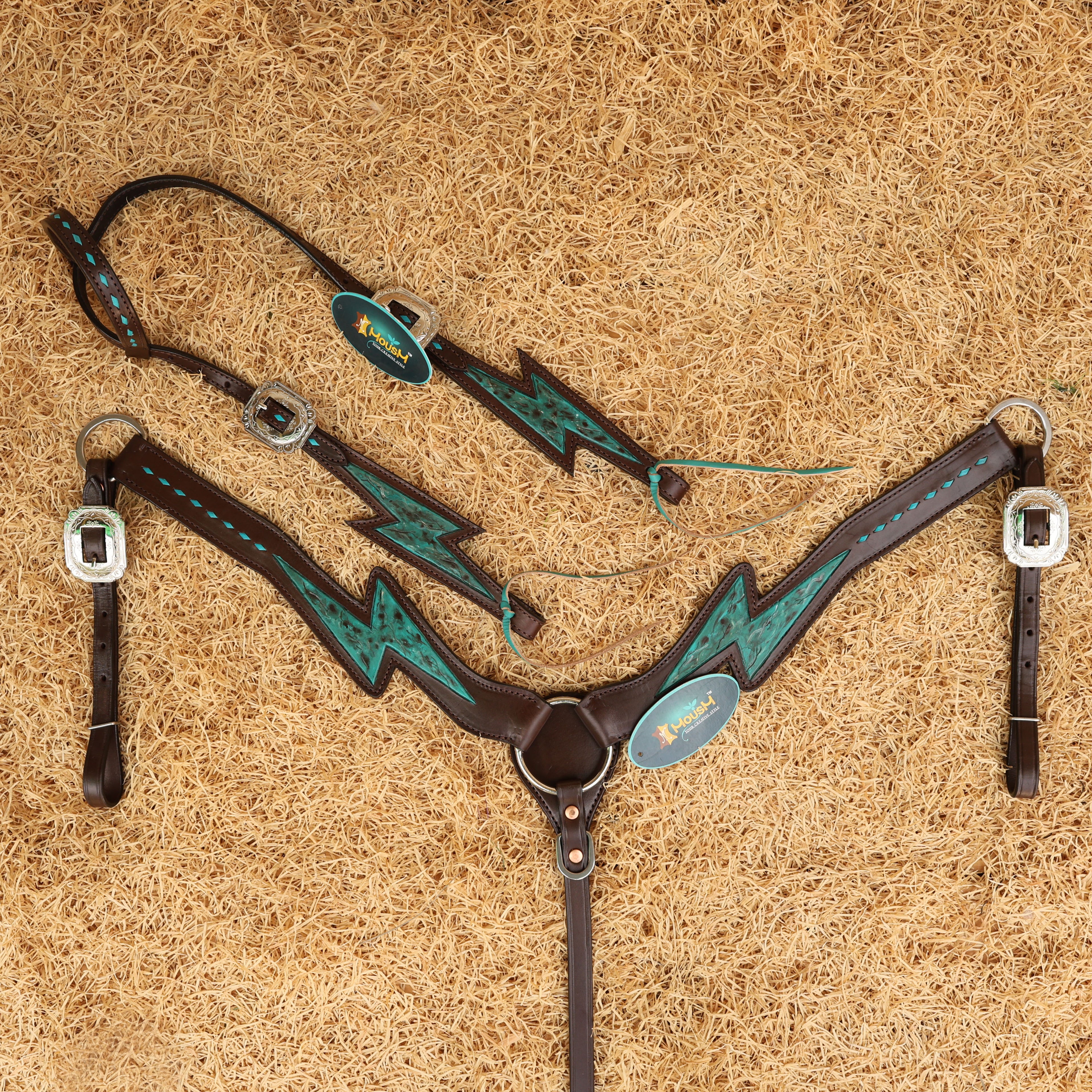 MOUSM Western Horse Bridle and Breast Collar Tack Set - Decorated with Turquoise Thunderbolt Carving & Buck Stitching