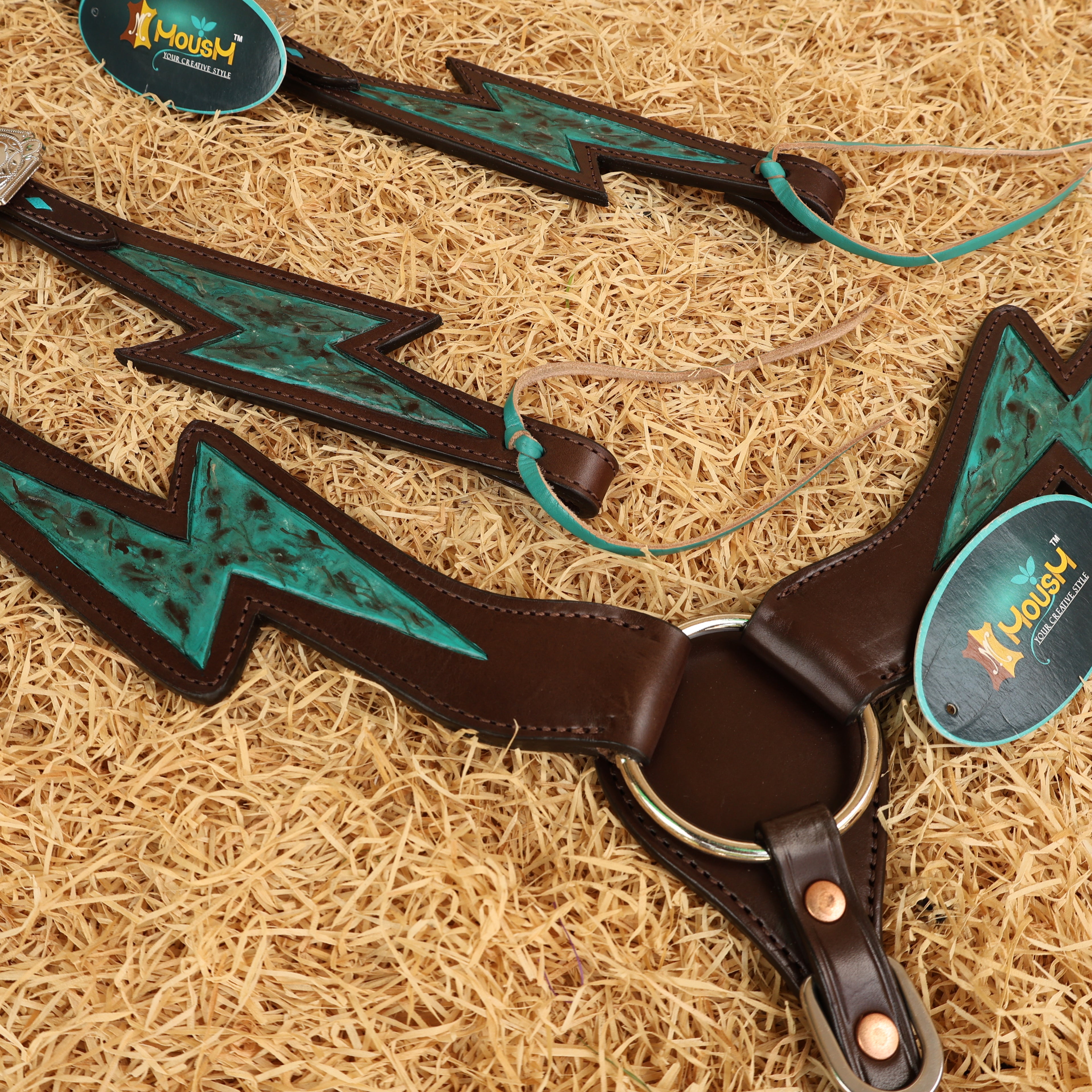 MOUSM Western Horse Bridle and Breast Collar Tack Set - Decorated with Turquoise Thunderbolt Carving & Buck Stitching