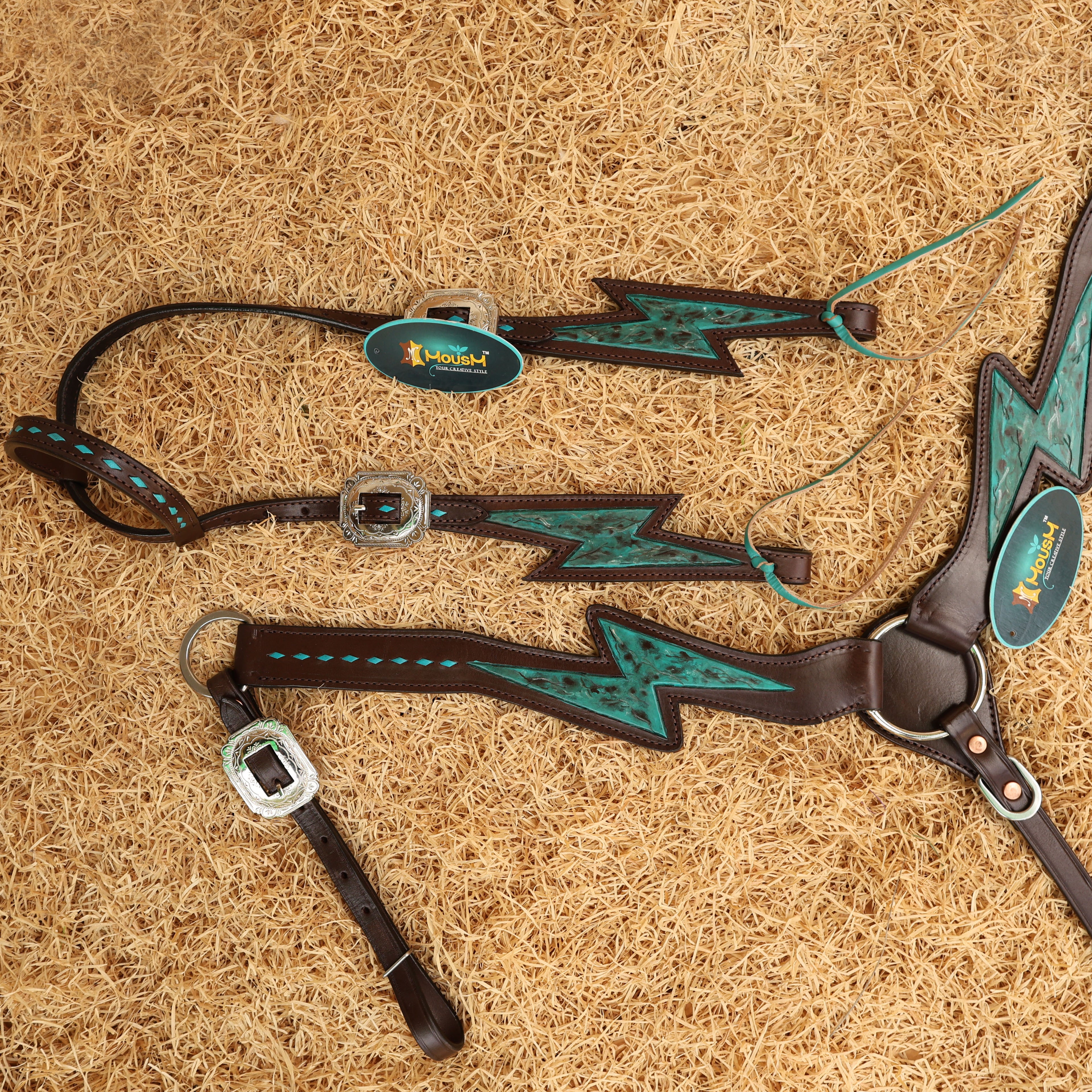 MOUSM Western Horse Bridle and Breast Collar Tack Set - Decorated with Turquoise Thunderbolt Carving & Buck Stitching