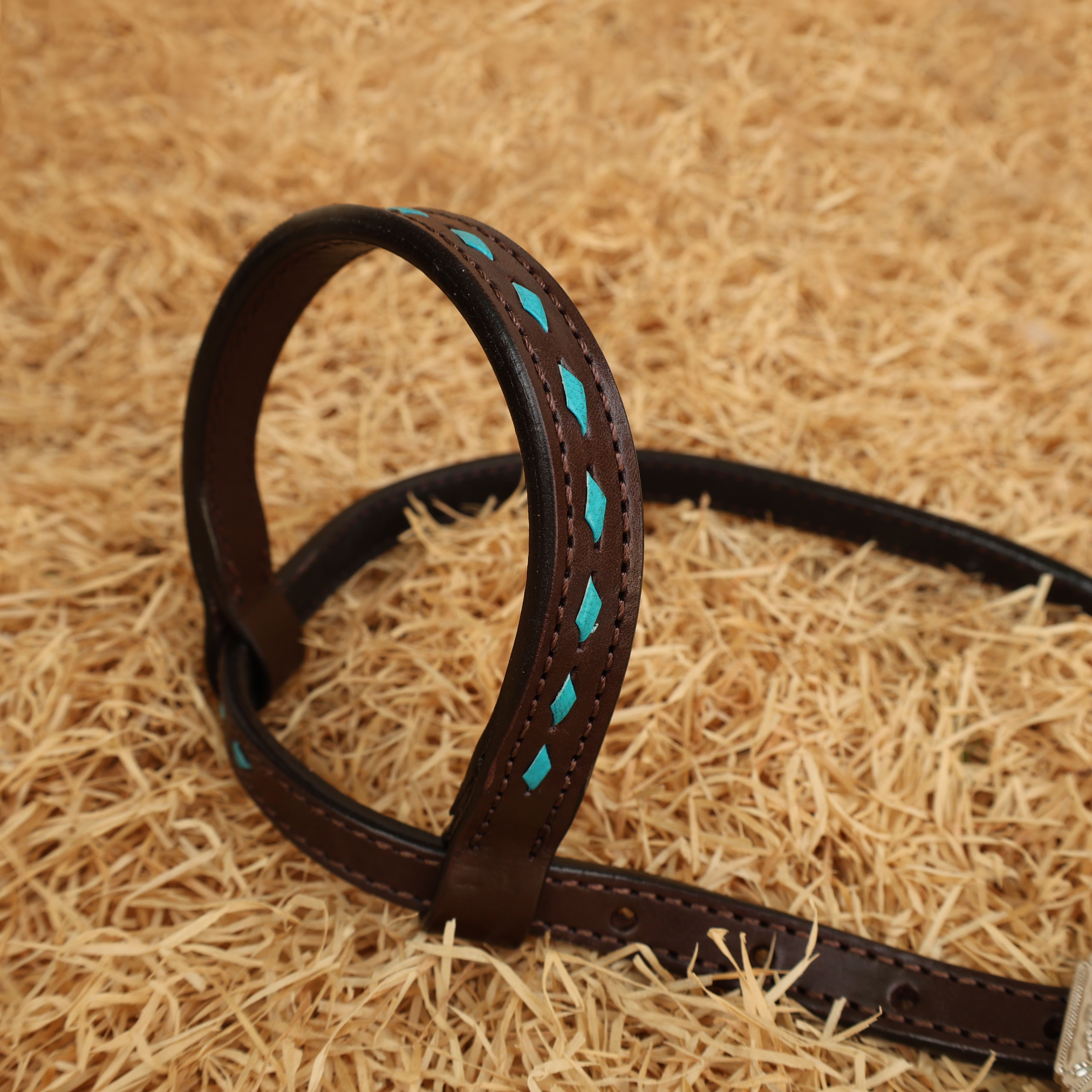 MOUSM Western Horse Bridle and Breast Collar Tack Set - Decorated with Turquoise Thunderbolt Carving & Buck Stitching