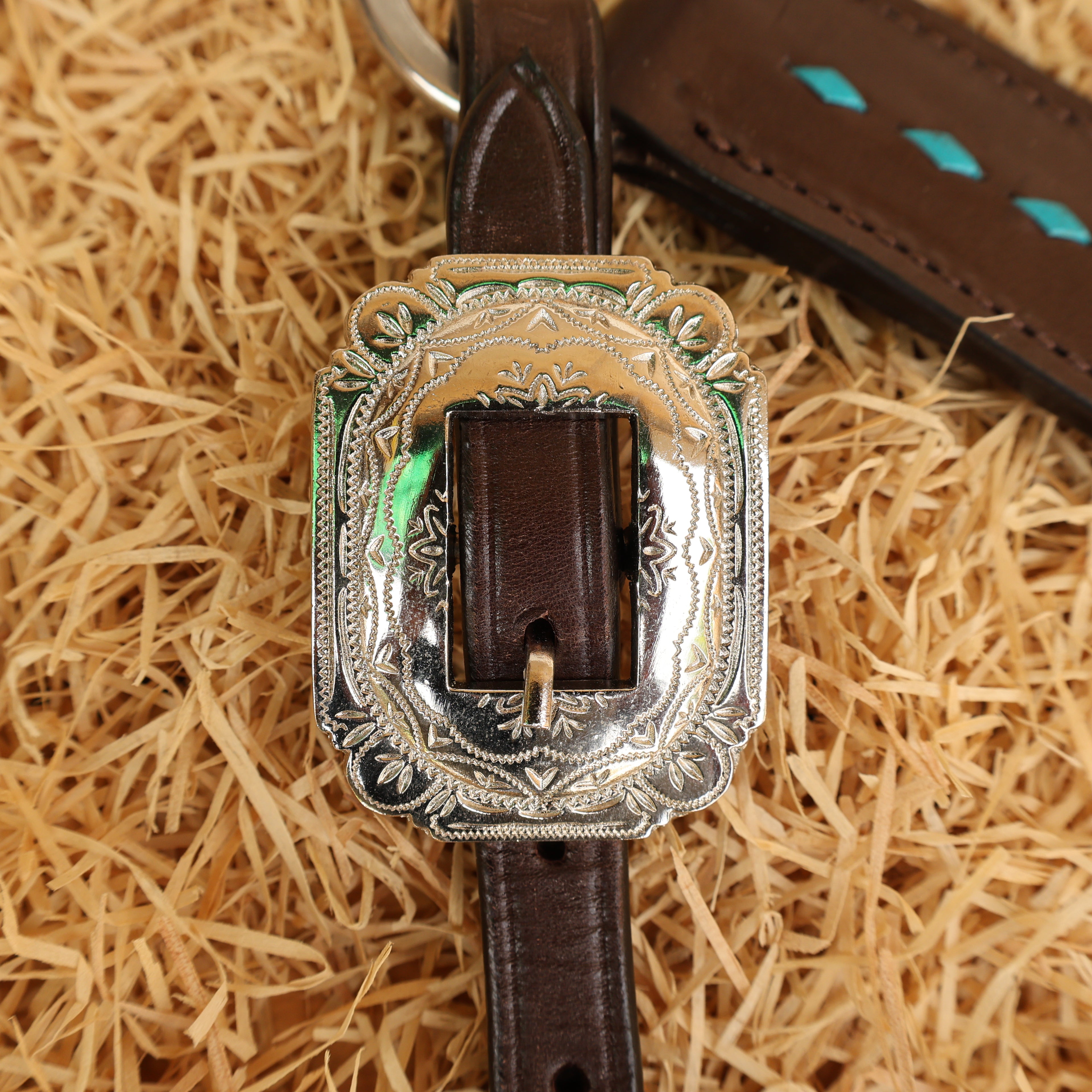 MOUSM Western Horse Bridle and Breast Collar Tack Set - Decorated with Turquoise Thunderbolt Carving & Buck Stitching