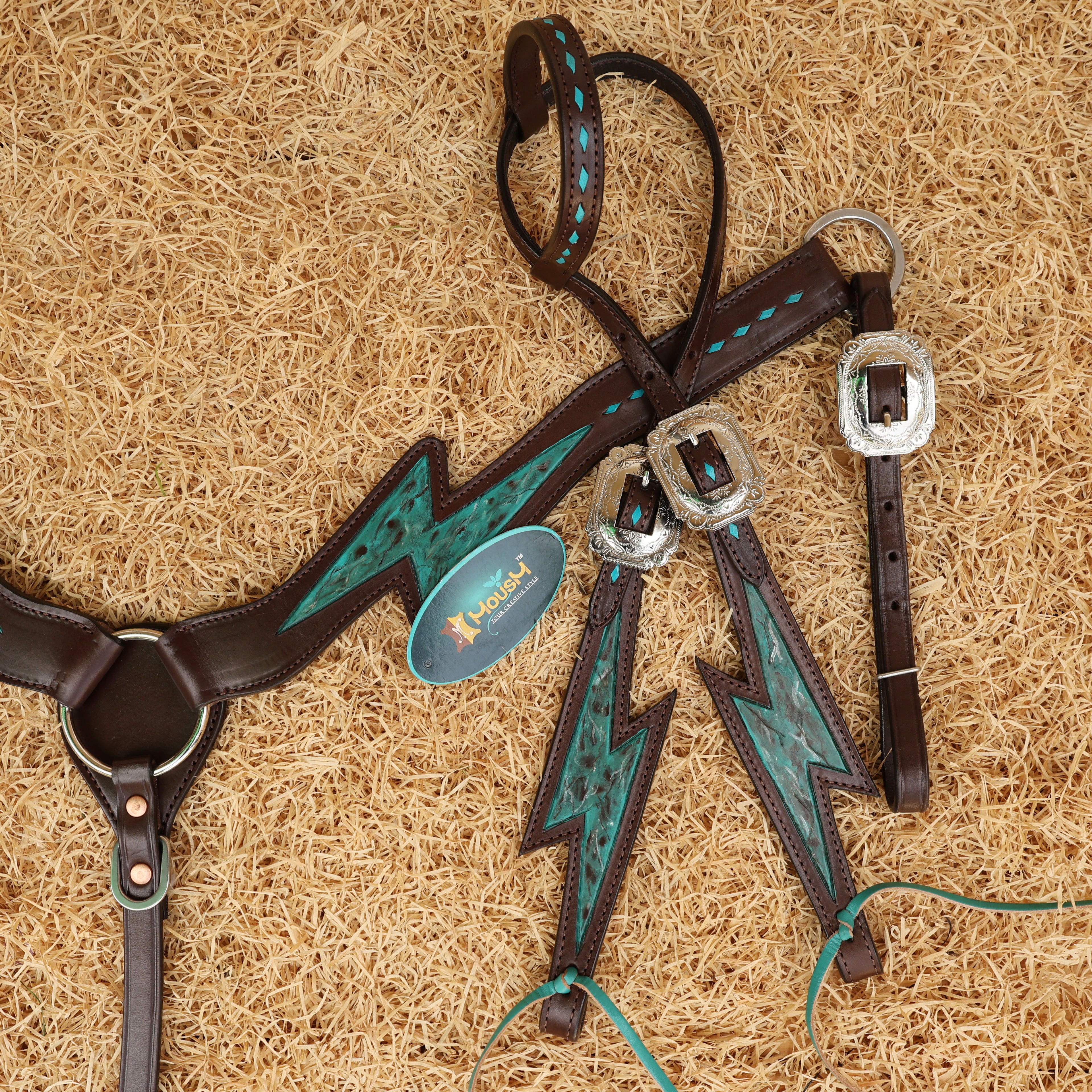 MOUSM Western Horse Bridle and Breast Collar Tack Set - Decorated with Turquoise Thunderbolt Carving & Buck Stitching