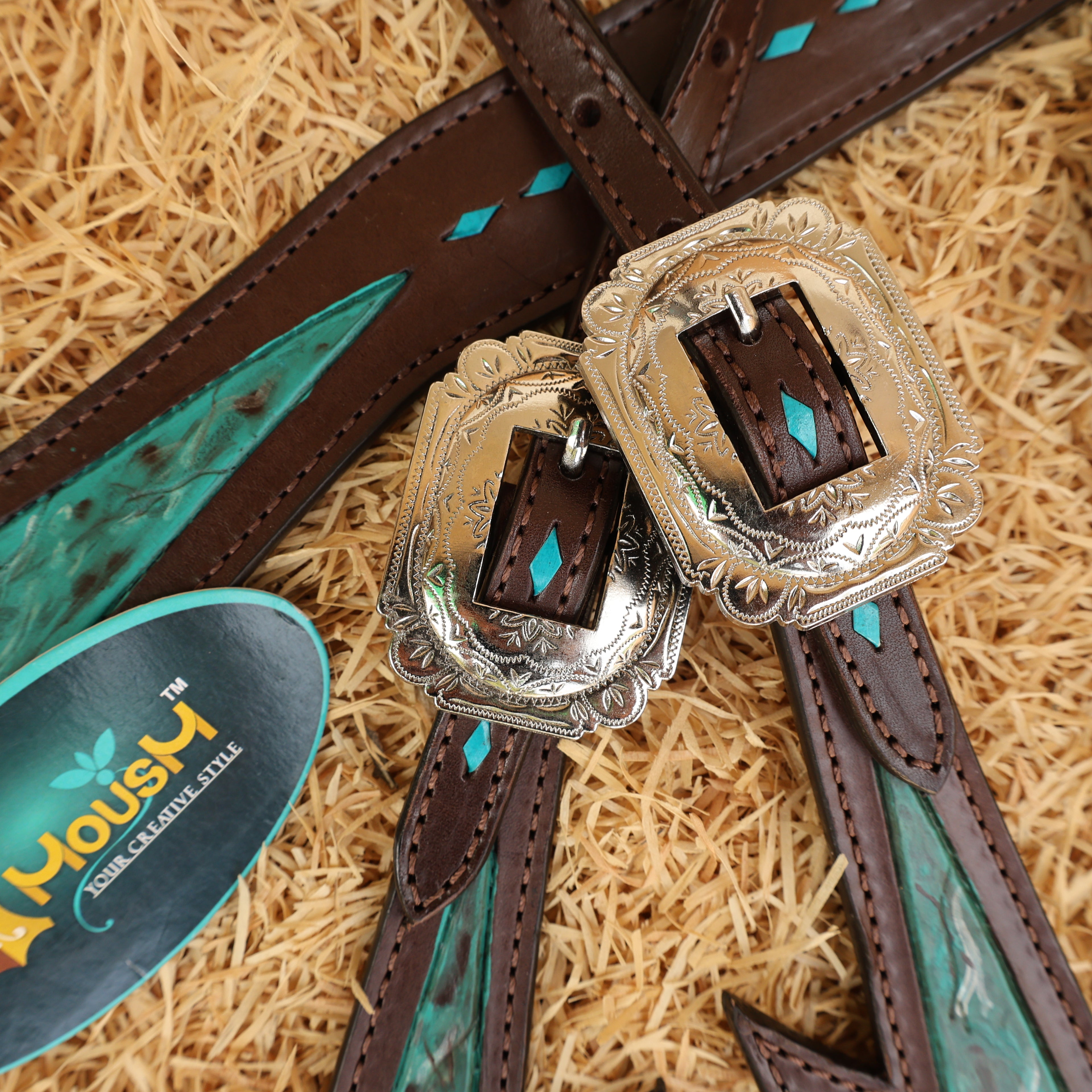 MOUSM Western Horse Bridle and Breast Collar Tack Set - Decorated with Turquoise Thunderbolt Carving & Buck Stitching