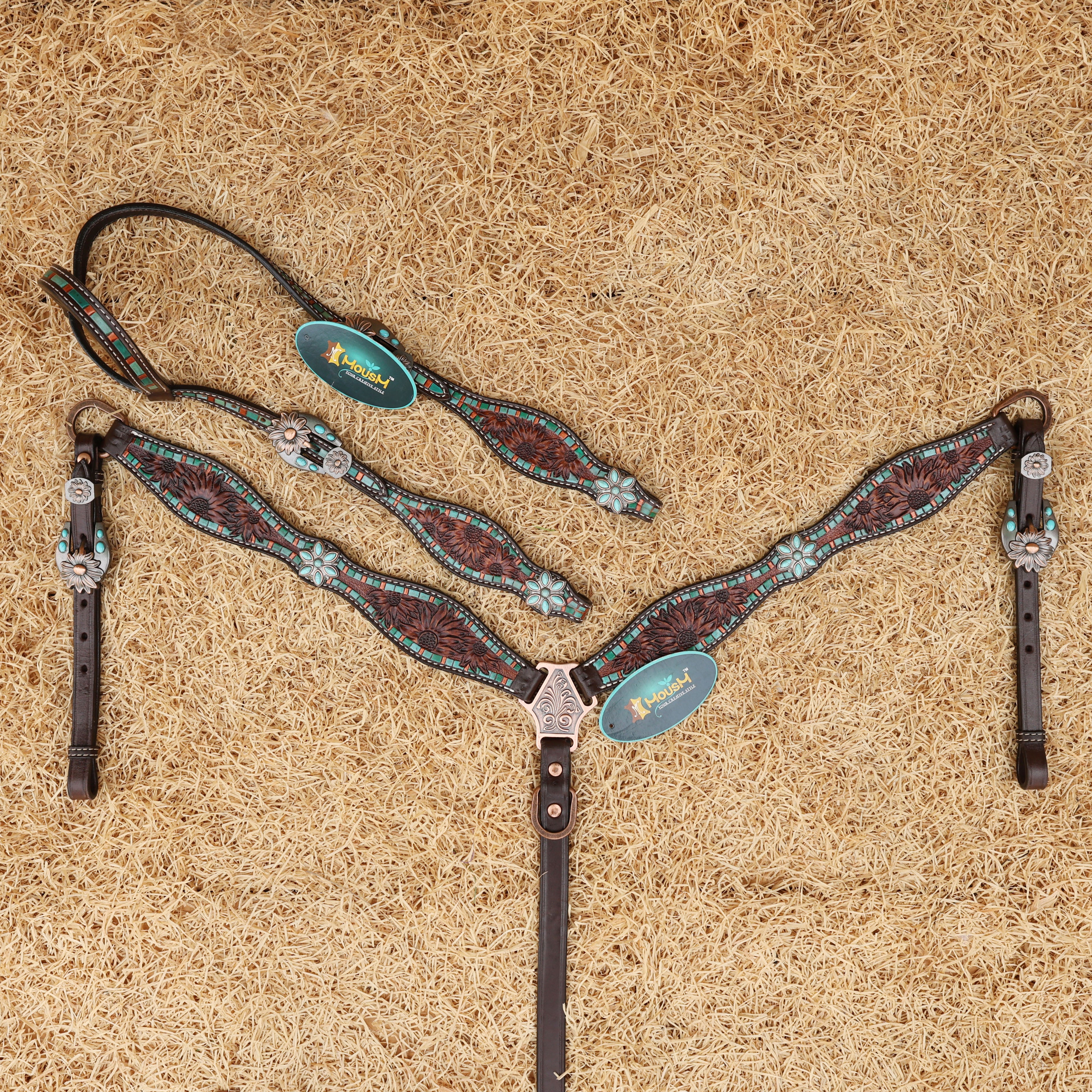 MOUSM Western Headstall and Breast Collar Set - Decorated with Sunflower Carving, Turquoise Flower Hardware & Striped Tooled Design