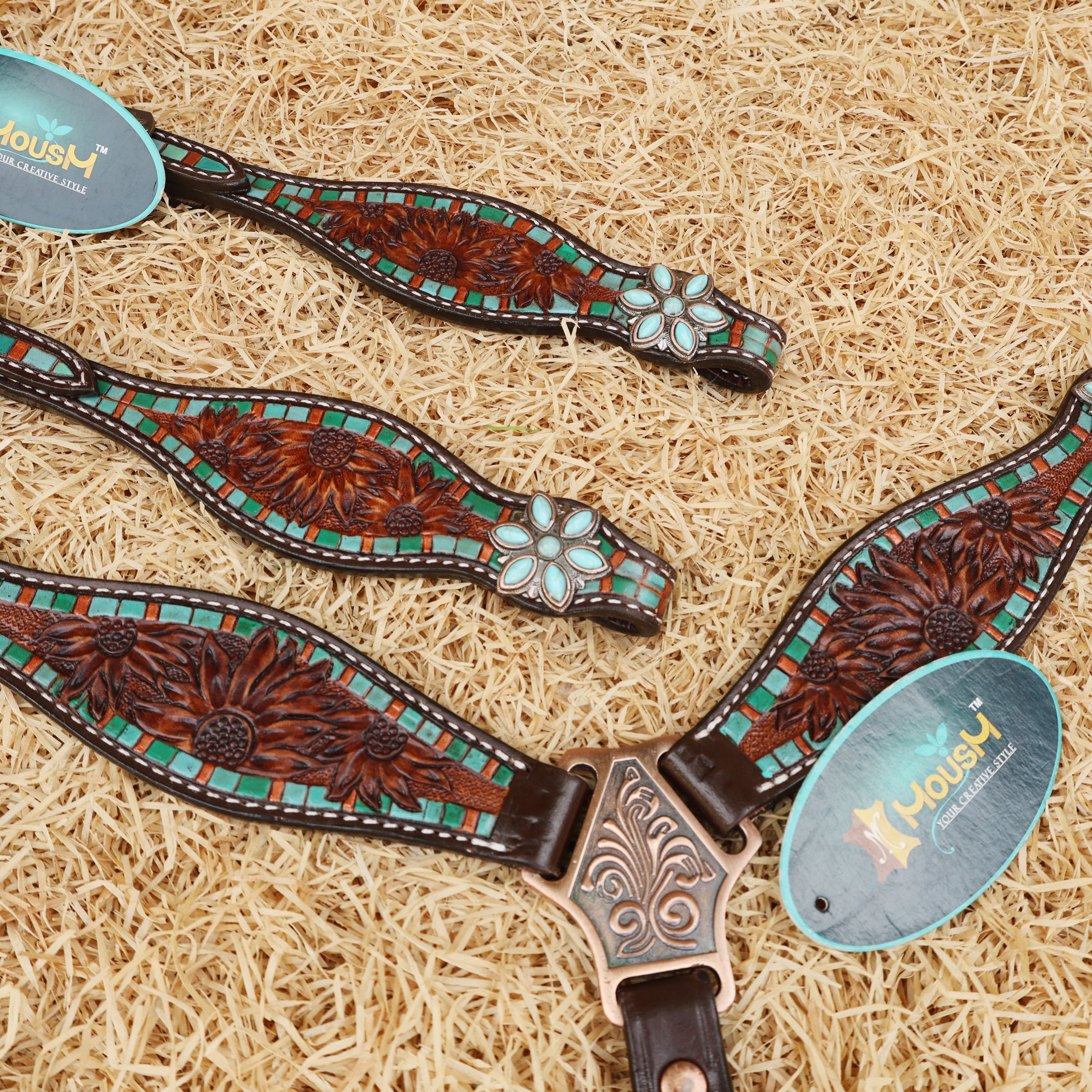 MOUSM Western Headstall and Breast Collar Set - Decorated with Sunflower Carving, Turquoise Flower Hardware & Striped Tooled Design